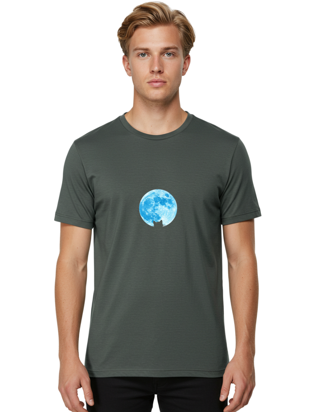 Blue-Moon-With-Cat-Silhouette Men'S Graphic Tee, 100% Cotton, Comfortable Casual Summer Wear, Machine Washable, Vintage Camera, Old Camera, Antique Camera, Black Camera, Classic Photography, Photography Equipment, Nostalgic Device, Bai599