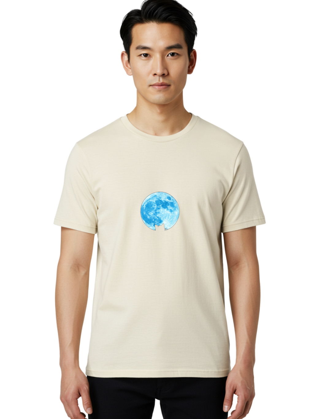 Blue-Moon-With-Cat-Silhouette Men'S Graphic Tee, 100% Cotton, Comfortable Casual Summer Wear, Machine Washable, Vintage Camera, Old Camera, Antique Camera, Black Camera, Classic Photography, Photography Equipment, Nostalgic Device, Bai599