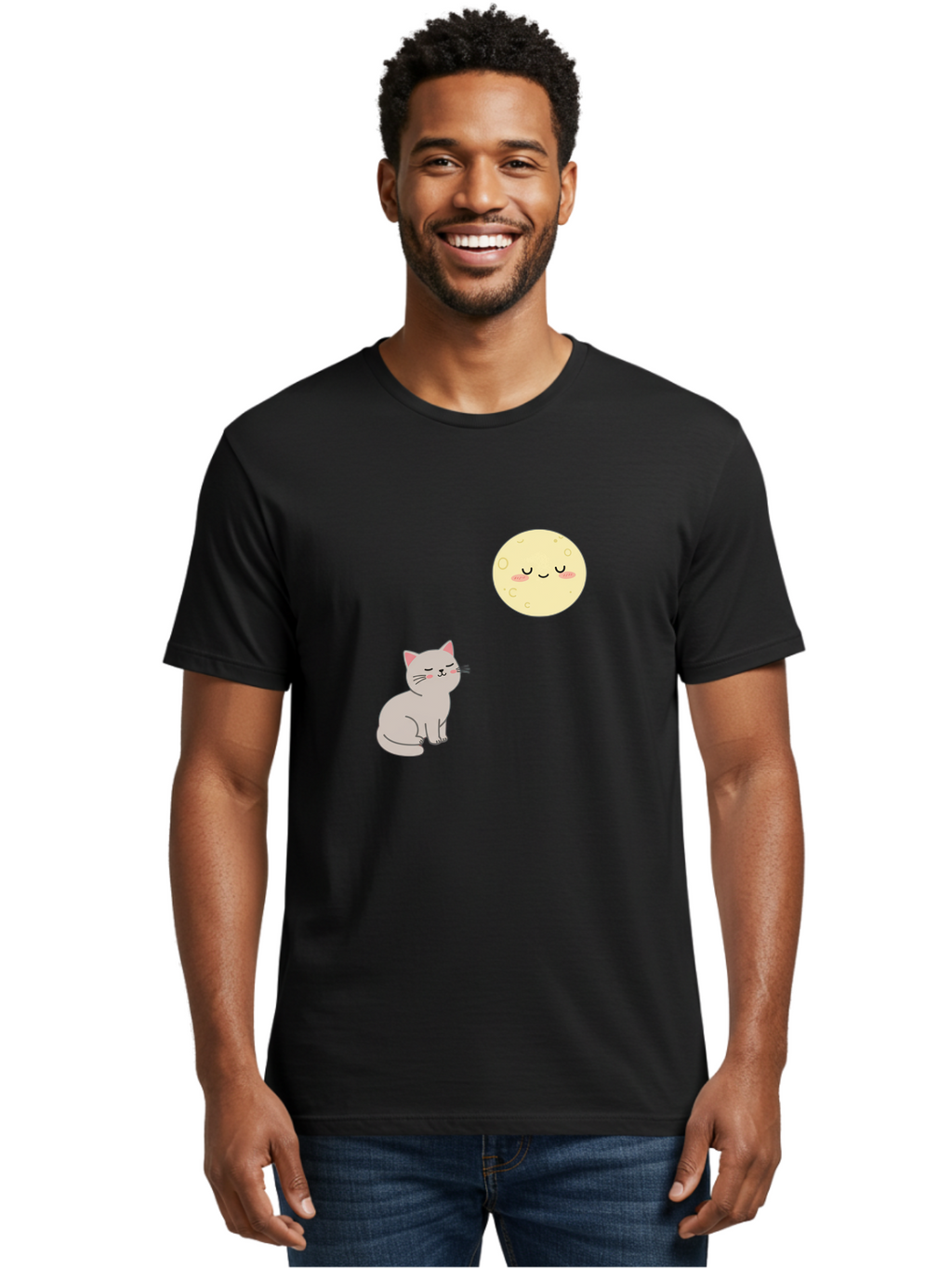 Cat-And-Moon-1 Men'S Graphic Tee, 100% Cotton, Comfortable Casual Summer Wear, Machine Washable, Vintage Camera, Old Camera, Antique Camera, Black Camera, Classic Photography, Photography Equipment, Nostalgic Device, Film Camera, Camera Art Bai623