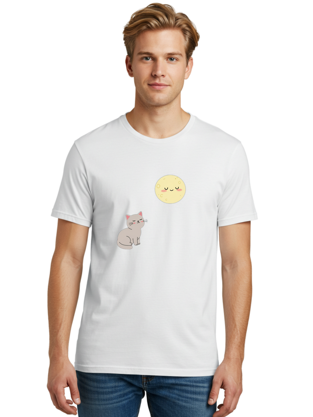 Cat-And-Moon-1 Men'S Graphic Tee, 100% Cotton, Comfortable Casual Summer Wear, Machine Washable, Vintage Camera, Old Camera, Antique Camera, Black Camera, Classic Photography, Photography Equipment, Nostalgic Device, Film Camera, Camera Art Bai623