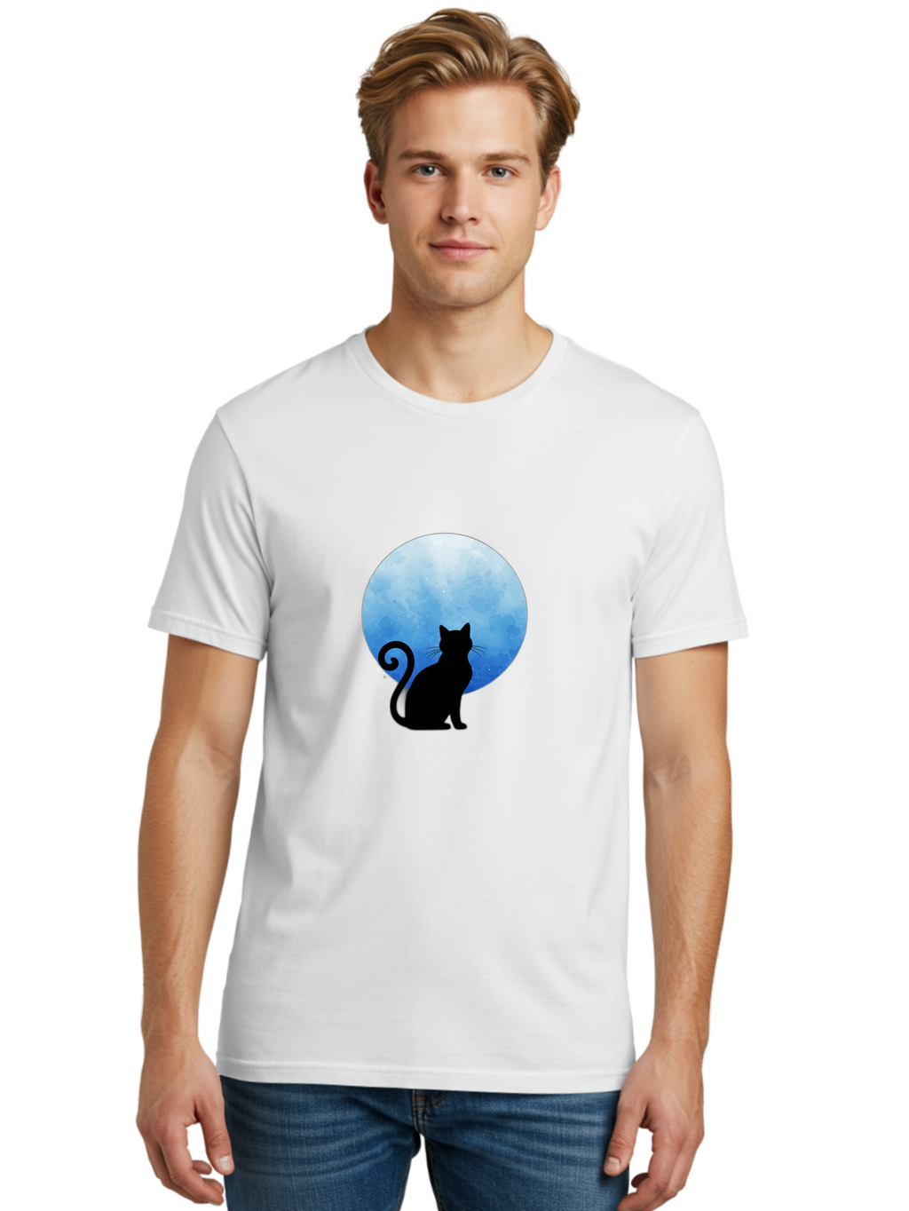 Cat-Silhouette-Moon-1 Men'S Graphic Tee, 100% Cotton, Comfortable Casual Summer Wear, Machine Washable, Vintage Camera, Old Camera, Antique Camera, Black Camera, Classic Photography, Photography Equipment, Nostalgic Device, Film Camera, Bai641