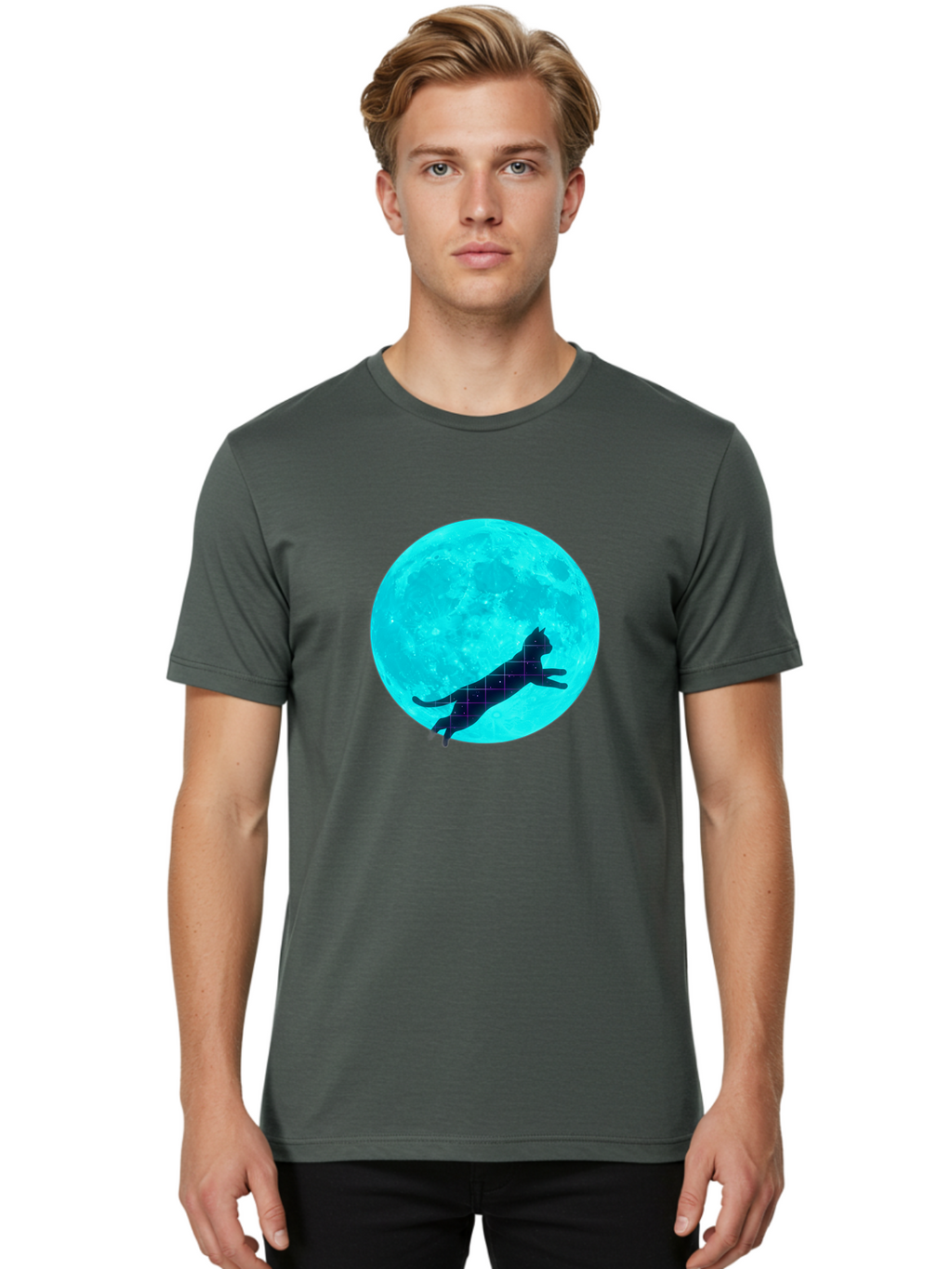 Cat-Silhouette-On-Moon Men'S Graphic Tee, 100% Cotton, Comfortable Casual Summer Wear, Machine Washable, Vintage Camera, Old Camera, Antique Camera, Black Camera, Classic Photography, Photography Equipment, Nostalgic Device, Film Camera, Bai644