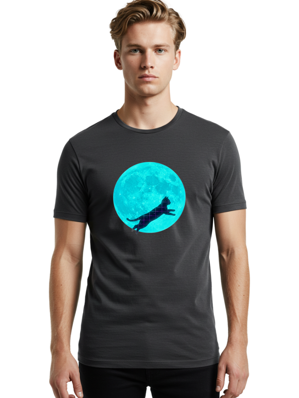 Cat-Silhouette-On-Moon Men'S Graphic Tee, 100% Cotton, Comfortable Casual Summer Wear, Machine Washable, Vintage Camera, Old Camera, Antique Camera, Black Camera, Classic Photography, Photography Equipment, Nostalgic Device, Film Camera, Bai644