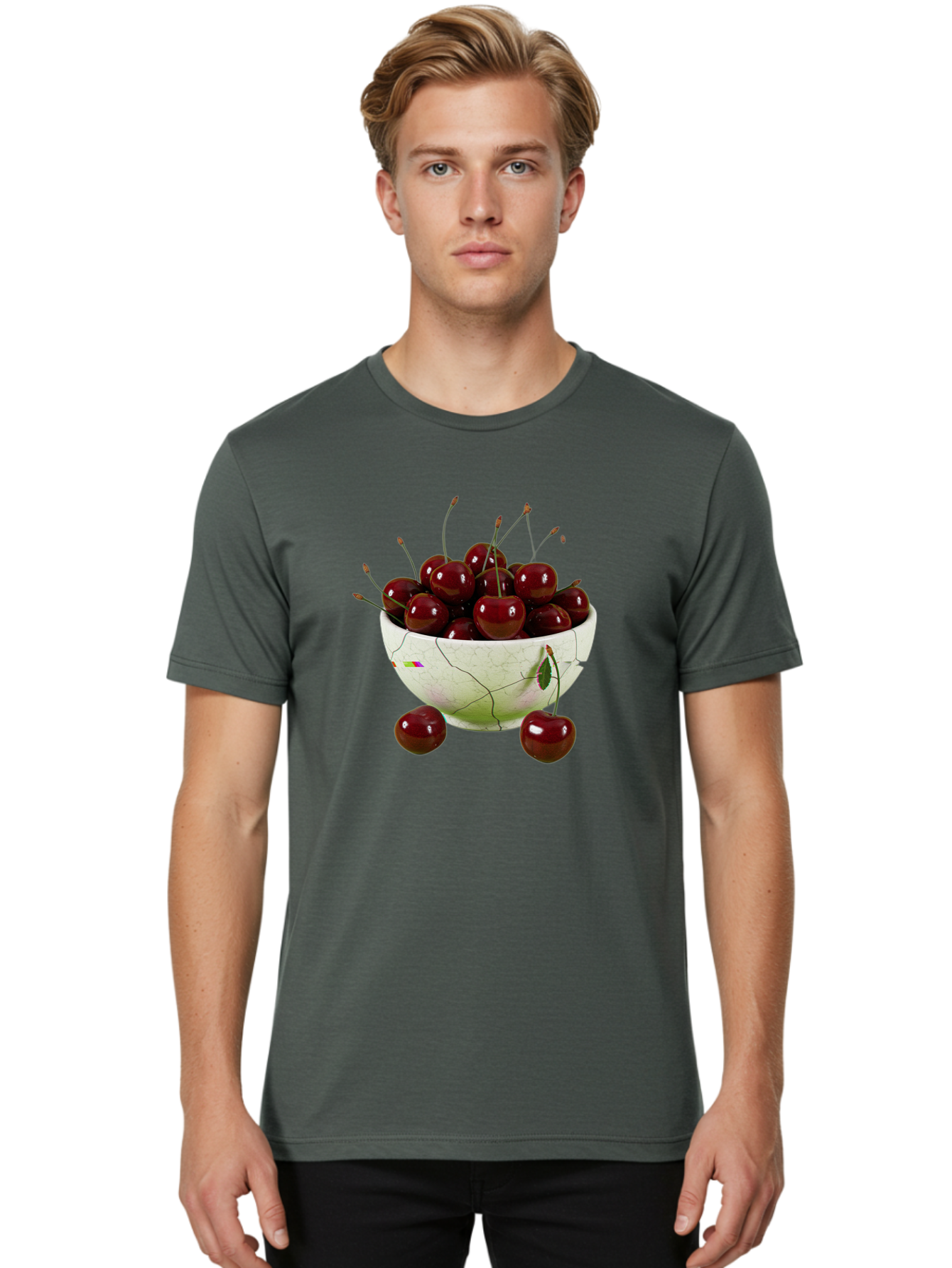 Cherries-In-Kintsugi-Bowl-1 Men'S Graphic Tee, 100% Cotton, Comfortable Casual Summer Wear, Machine Washable, Vintage Camera, Old Camera, Antique Camera, Black Camera, Classic Photography, Photography Equipment, Nostalgic Device, Film Camera, Bai707