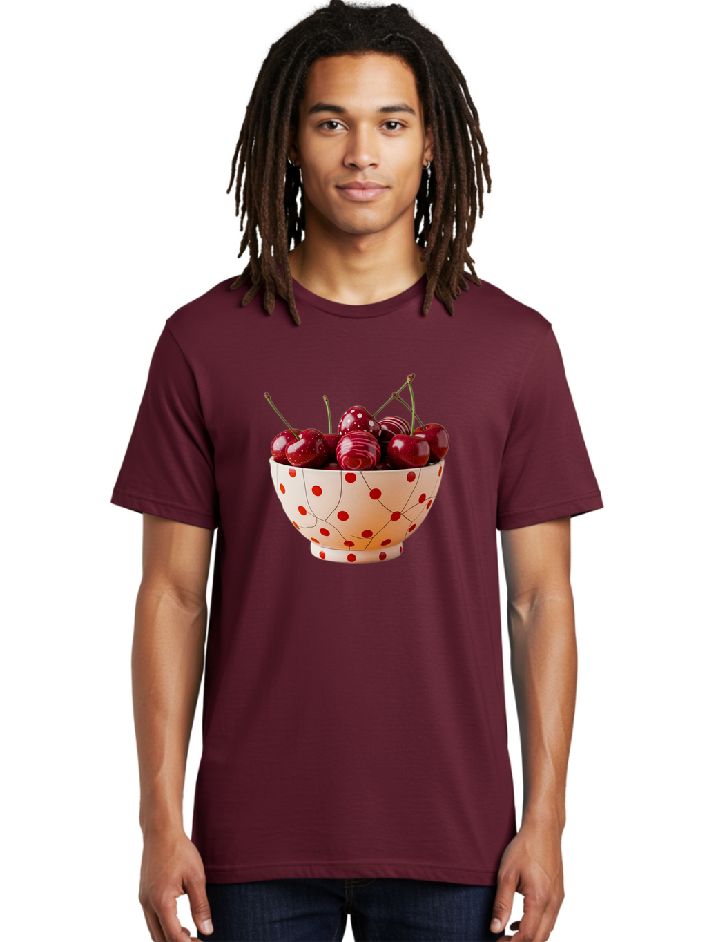 Cherries-In-White-Bowl-With-Red-Polka-Dots Men'S Graphic Tee, 100% Cotton, Comfortable Casual Summer Wear, Machine Washable, Vintage Camera, Old Camera, Antique Camera, Black Camera, Classic Photography, Photography Equipment, Bai711