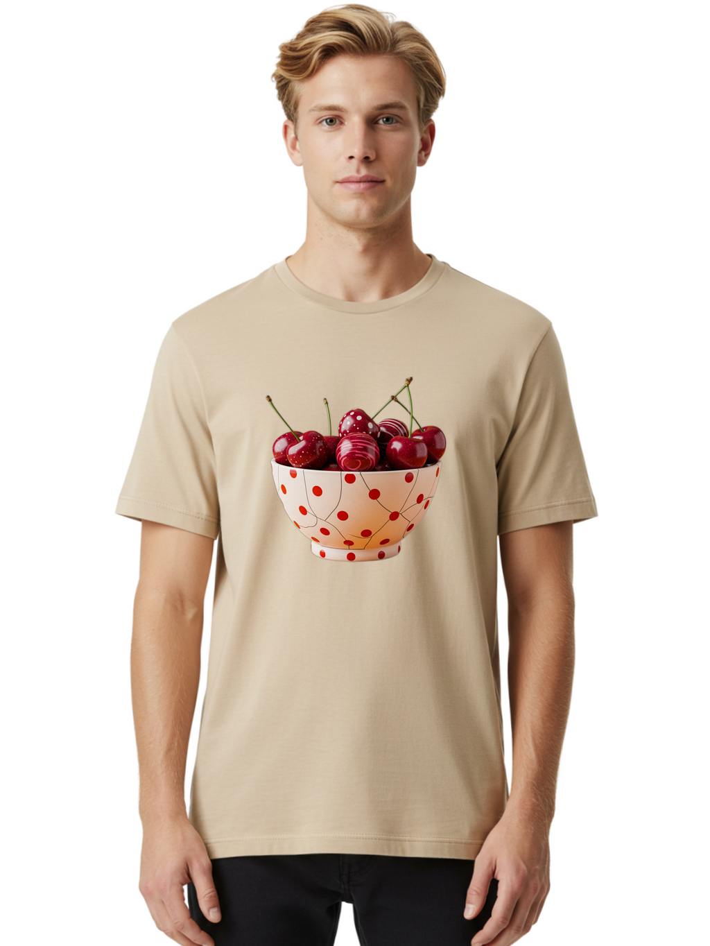 Cherries-In-White-Bowl-With-Red-Polka-Dots Men'S Graphic Tee, 100% Cotton, Comfortable Casual Summer Wear, Machine Washable, Vintage Camera, Old Camera, Antique Camera, Black Camera, Classic Photography, Photography Equipment, Bai711