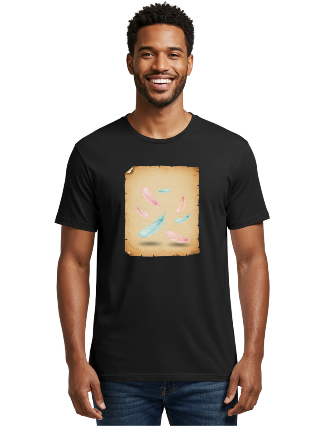 Feathers-On-Aged-Paper Men'S Graphic Tee, 100% Cotton, Comfortable Casual Summer Wear, Machine Washable, Vintage Camera, Old Camera, Antique Camera, Black Camera, Classic Photography, Photography Equipment, Nostalgic Device, Film Camera, Bai828
