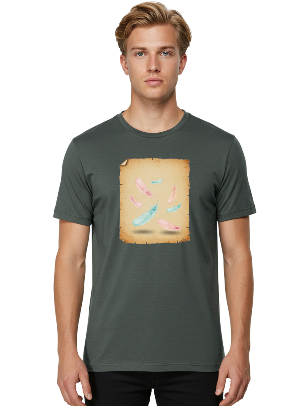 Feathers-On-Aged-Paper Men'S Graphic Tee, 100% Cotton, Comfortable Casual Summer Wear, Machine Washable, Vintage Camera, Old Camera, Antique Camera, Black Camera, Classic Photography, Photography Equipment, Nostalgic Device, Film Camera, Bai828
