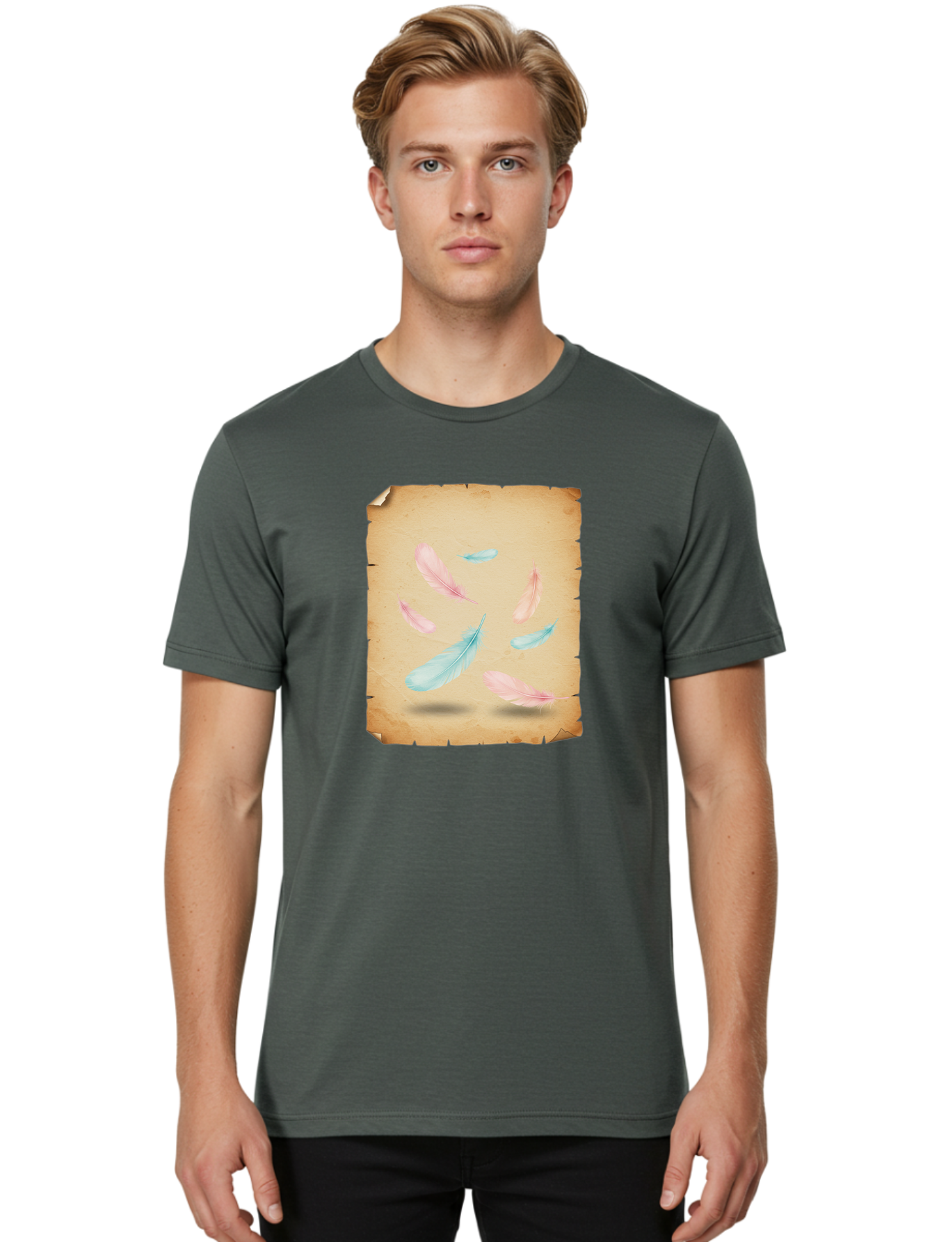 Feathers-On-Aged-Paper Men'S Graphic Tee, 100% Cotton, Comfortable Casual Summer Wear, Machine Washable, Vintage Camera, Old Camera, Antique Camera, Black Camera, Classic Photography, Photography Equipment, Nostalgic Device, Film Camera, Bai828
