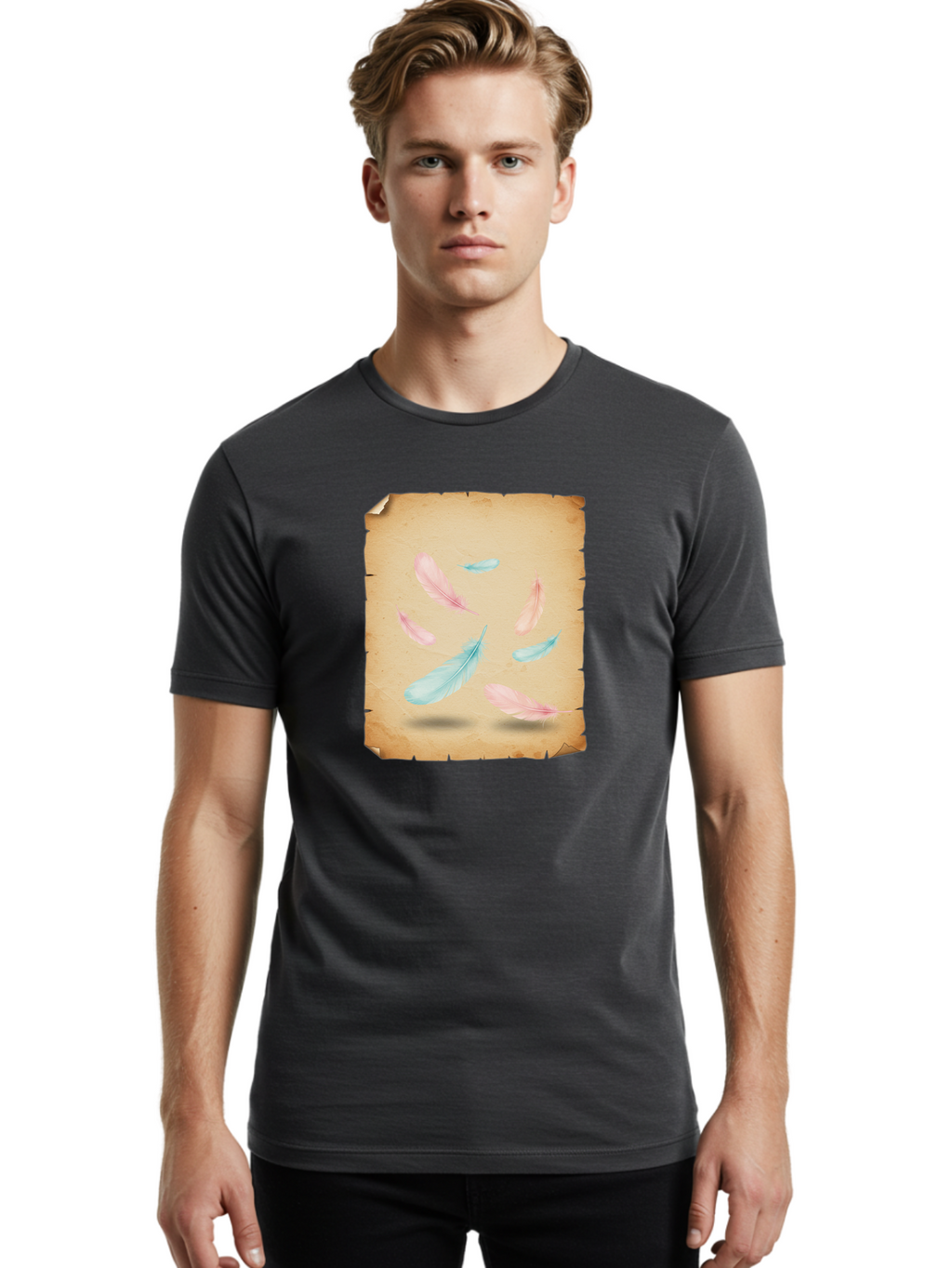 Feathers-On-Aged-Paper Men'S Graphic Tee, 100% Cotton, Comfortable Casual Summer Wear, Machine Washable, Vintage Camera, Old Camera, Antique Camera, Black Camera, Classic Photography, Photography Equipment, Nostalgic Device, Film Camera, Bai828