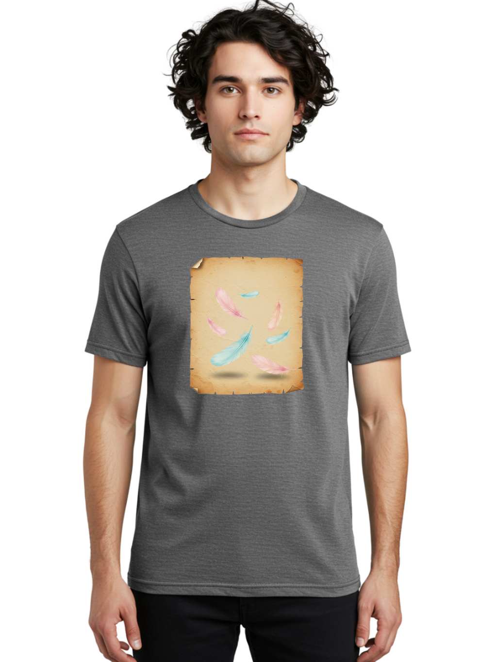 Feathers-On-Aged-Paper Men'S Graphic Tee, 100% Cotton, Comfortable Casual Summer Wear, Machine Washable, Vintage Camera, Old Camera, Antique Camera, Black Camera, Classic Photography, Photography Equipment, Nostalgic Device, Film Camera, Bai828