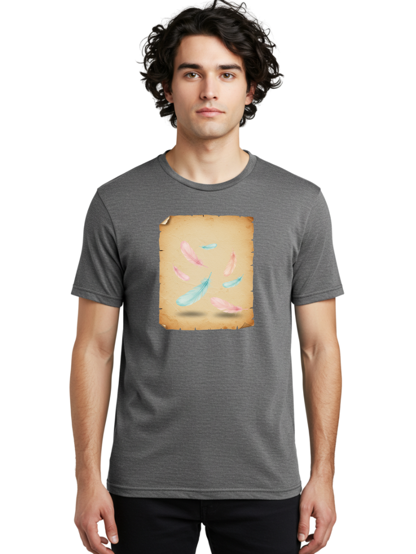 Feathers-On-Aged-Paper Men'S Graphic Tee, 100% Cotton, Comfortable Casual Summer Wear, Machine Washable, Vintage Camera, Old Camera, Antique Camera, Black Camera, Classic Photography, Photography Equipment, Nostalgic Device, Film Camera, Bai828