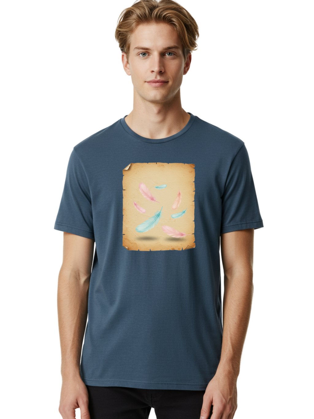 Feathers-On-Aged-Paper Men'S Graphic Tee, 100% Cotton, Comfortable Casual Summer Wear, Machine Washable, Vintage Camera, Old Camera, Antique Camera, Black Camera, Classic Photography, Photography Equipment, Nostalgic Device, Film Camera, Bai828