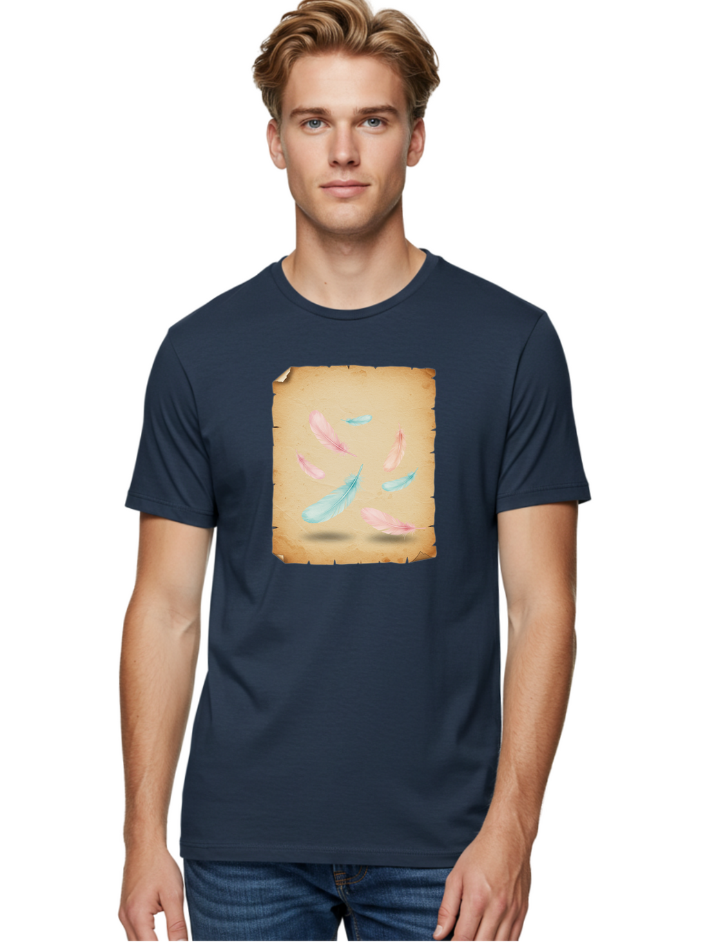 Feathers-On-Aged-Paper Men'S Graphic Tee, 100% Cotton, Comfortable Casual Summer Wear, Machine Washable, Vintage Camera, Old Camera, Antique Camera, Black Camera, Classic Photography, Photography Equipment, Nostalgic Device, Film Camera, Bai828