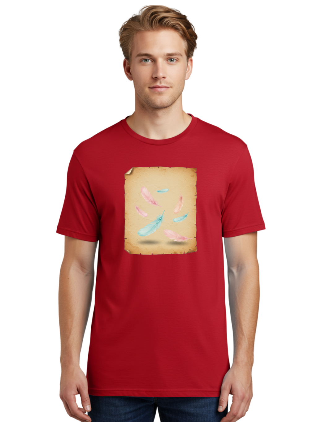 Feathers-On-Aged-Paper Men'S Graphic Tee, 100% Cotton, Comfortable Casual Summer Wear, Machine Washable, Vintage Camera, Old Camera, Antique Camera, Black Camera, Classic Photography, Photography Equipment, Nostalgic Device, Film Camera, Bai828