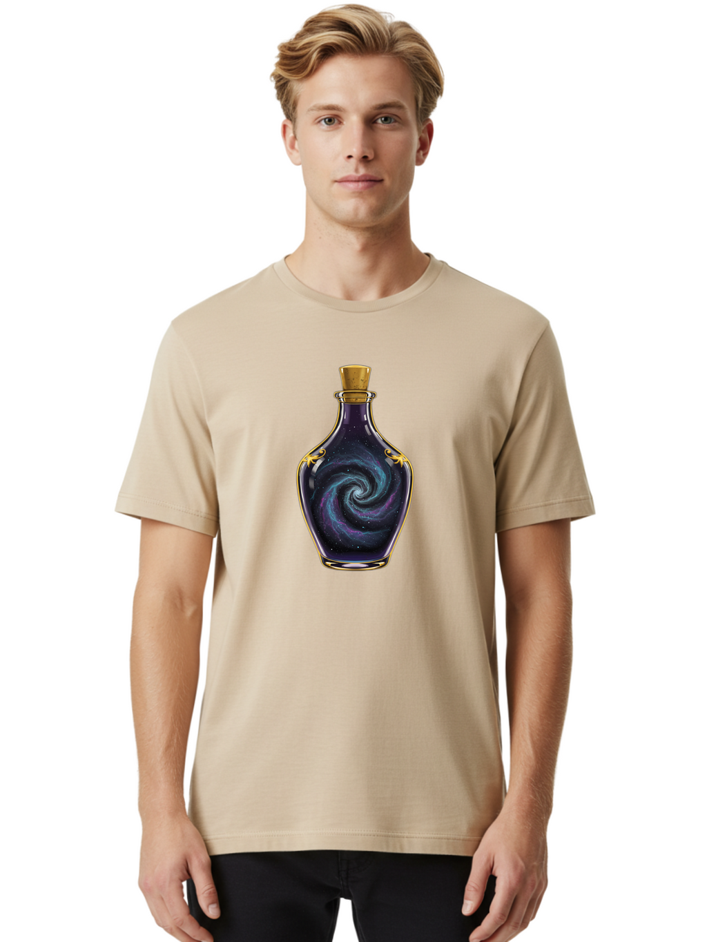 Galaxy-Bottle-1 Men'S Graphic Tee, 100% Cotton, Comfortable Casual Summer Wear, Machine Washable, Vintage Camera, Old Camera, Antique Camera, Black Camera, Classic Photography, Photography Equipment, Nostalgic Device, Film Camera, Camera Art Bai939