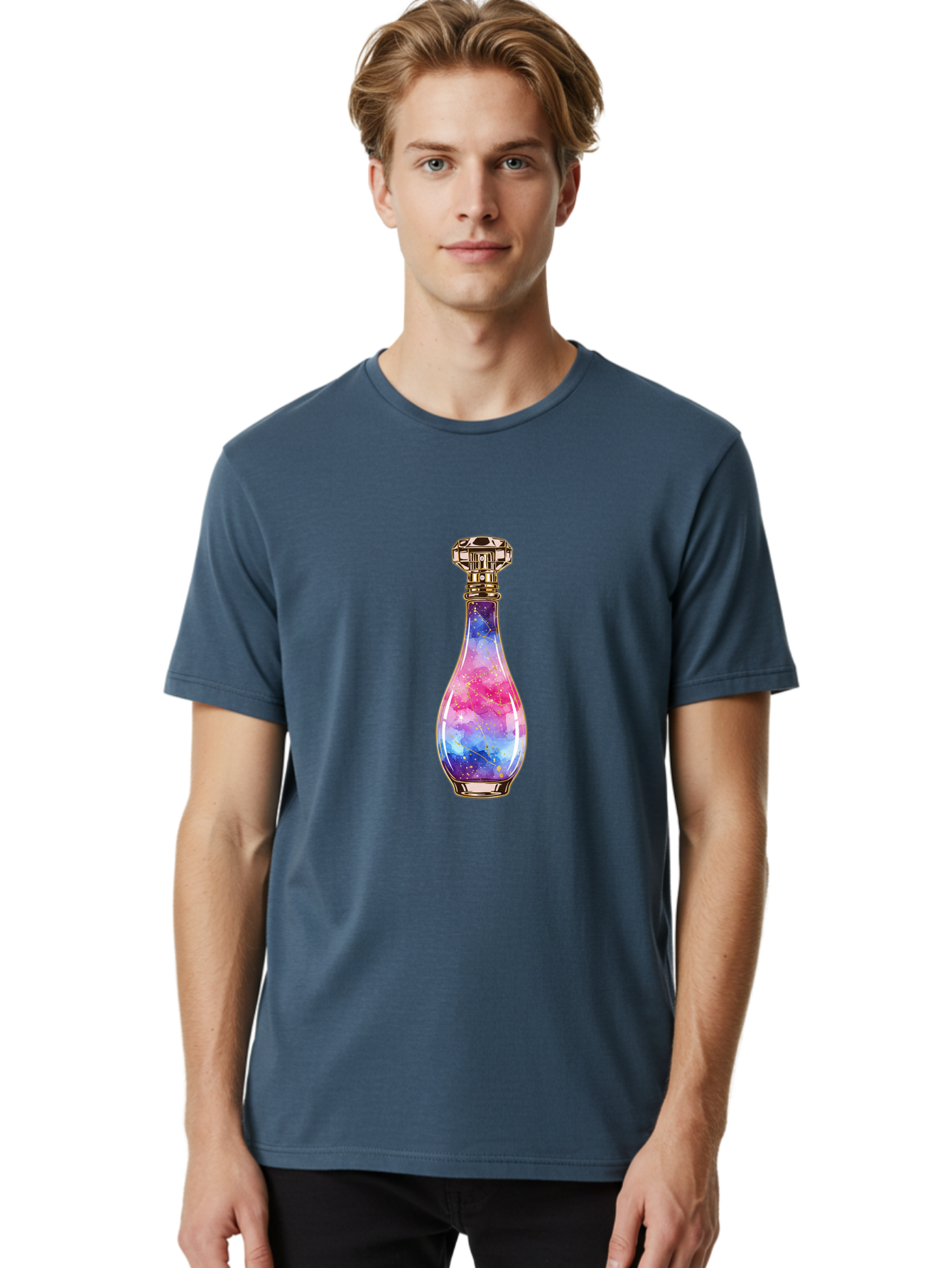 Galaxy-Perfume-Bottle-1 Men'S Graphic Tee, 100% Cotton, Comfortable Casual Summer Wear, Machine Washable, Vintage Camera, Old Camera, Antique Camera, Black Camera, Classic Photography, Photography Equipment, Nostalgic Device, Film Camera, Baj050