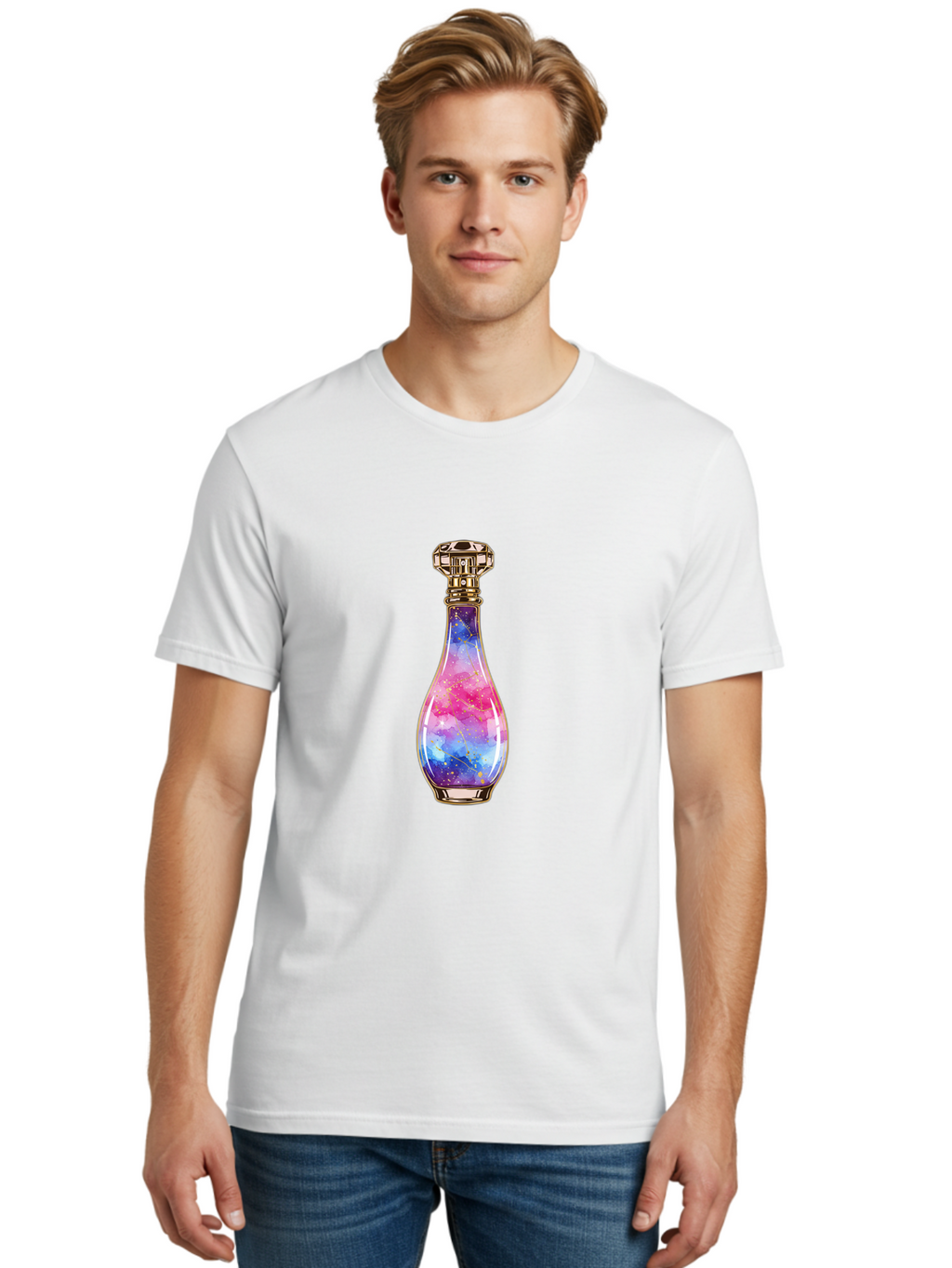 Galaxy-Perfume-Bottle-1 Men'S Graphic Tee, 100% Cotton, Comfortable Casual Summer Wear, Machine Washable, Vintage Camera, Old Camera, Antique Camera, Black Camera, Classic Photography, Photography Equipment, Nostalgic Device, Film Camera, Baj050