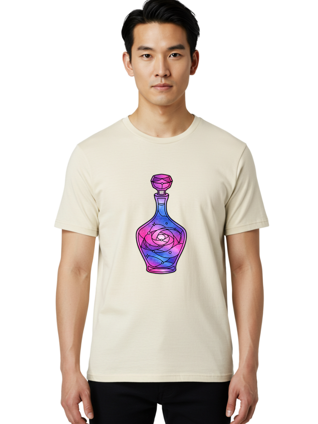 Galaxy-Perfume-Bottle-2 Men'S Graphic Tee, 100% Cotton, Comfortable Casual Summer Wear, Machine Washable, Vintage Camera, Old Camera, Antique Camera, Black Camera, Classic Photography, Photography Equipment, Nostalgic Device, Film Camera, Baj051