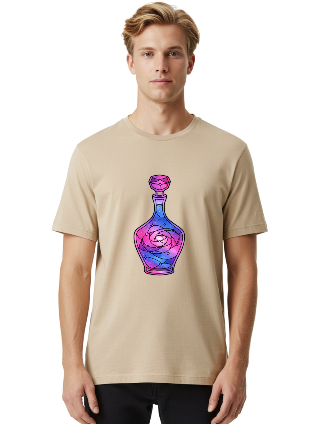 Galaxy-Perfume-Bottle-2 Men'S Graphic Tee, 100% Cotton, Comfortable Casual Summer Wear, Machine Washable, Vintage Camera, Old Camera, Antique Camera, Black Camera, Classic Photography, Photography Equipment, Nostalgic Device, Film Camera, Baj051