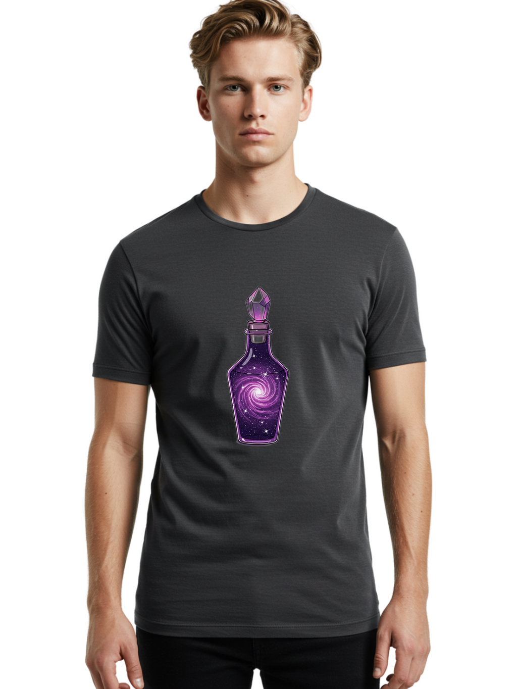 Galaxy-Potion-Bottle-2 Men'S Graphic Tee, 100% Cotton, Comfortable Casual Summer Wear, Machine Washable, Vintage Camera, Old Camera, Antique Camera, Black Camera, Classic Photography, Photography Equipment, Nostalgic Device, Film Camera, Baj059