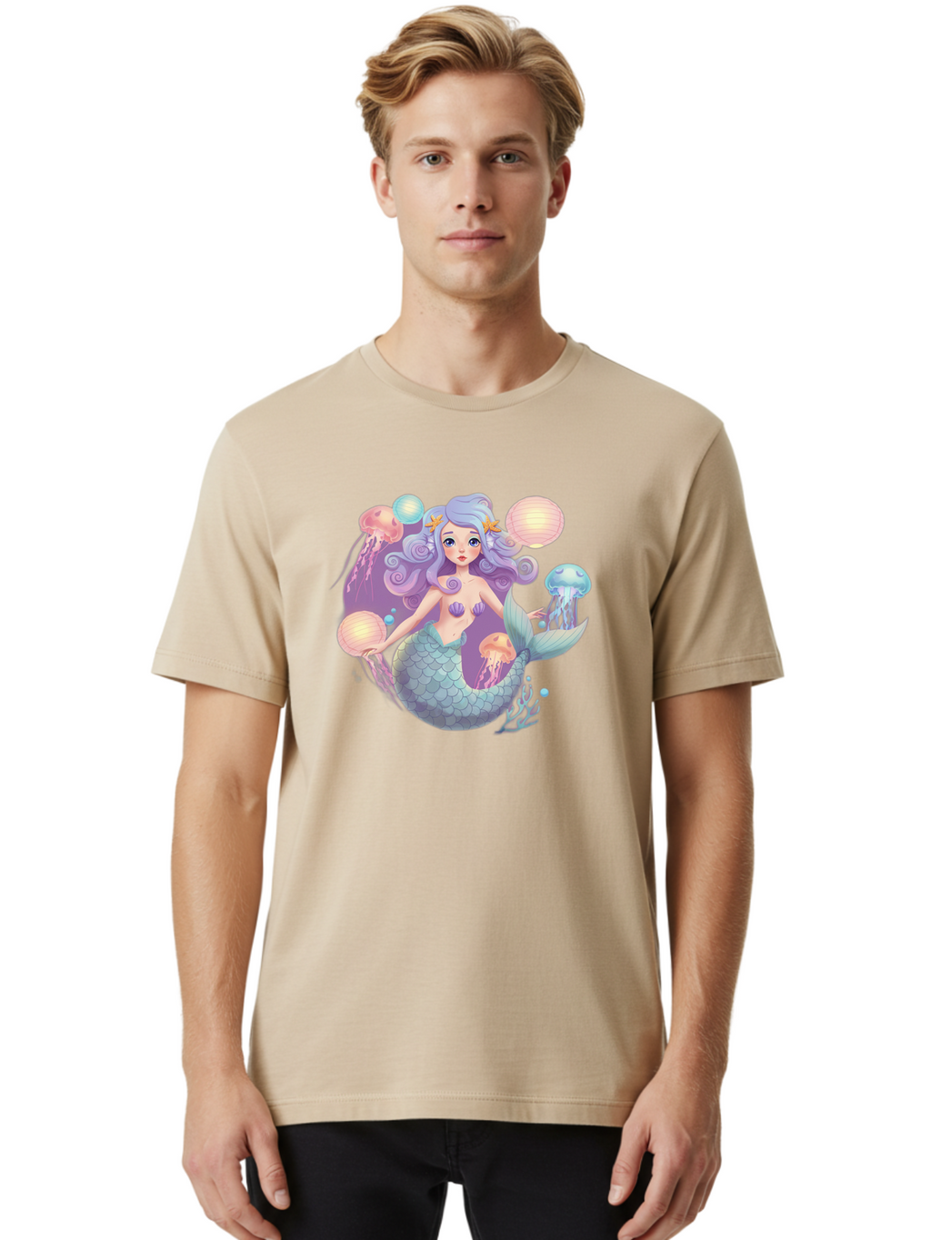 Mermaid-With-Jellyfish-1 Men'S Graphic Tee, 100% Cotton, Comfortable Casual Summer Wear, Machine Washable, Vintage Camera, Old Camera, Antique Camera, Black Camera, Classic Photography, Photography Equipment, Nostalgic Device, Film Camera, Baj110
