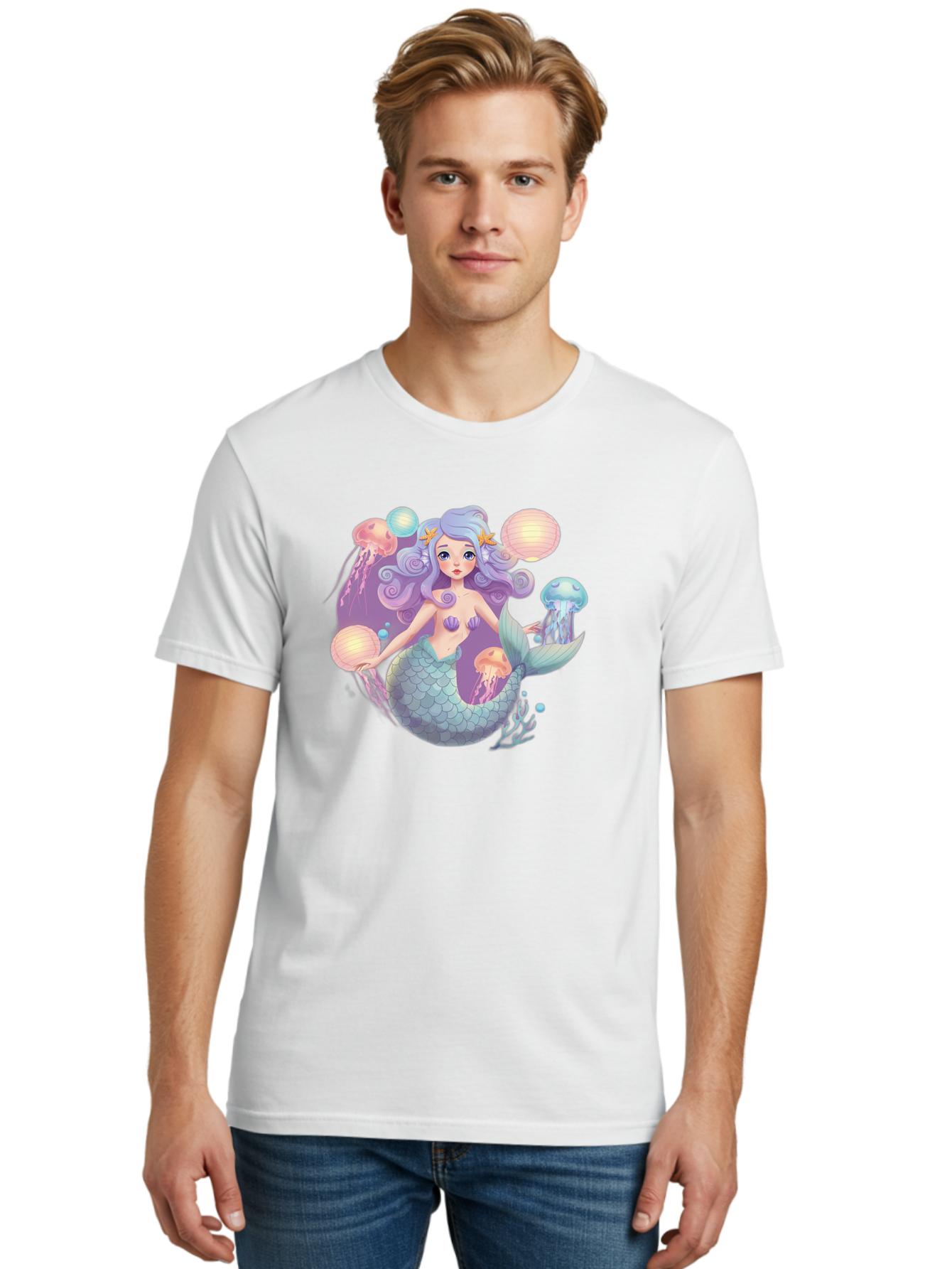 Mermaid-With-Jellyfish-1 Men'S Graphic Tee, 100% Cotton, Comfortable Casual Summer Wear, Machine Washable, Vintage Camera, Old Camera, Antique Camera, Black Camera, Classic Photography, Photography Equipment, Nostalgic Device, Film Camera, Baj110