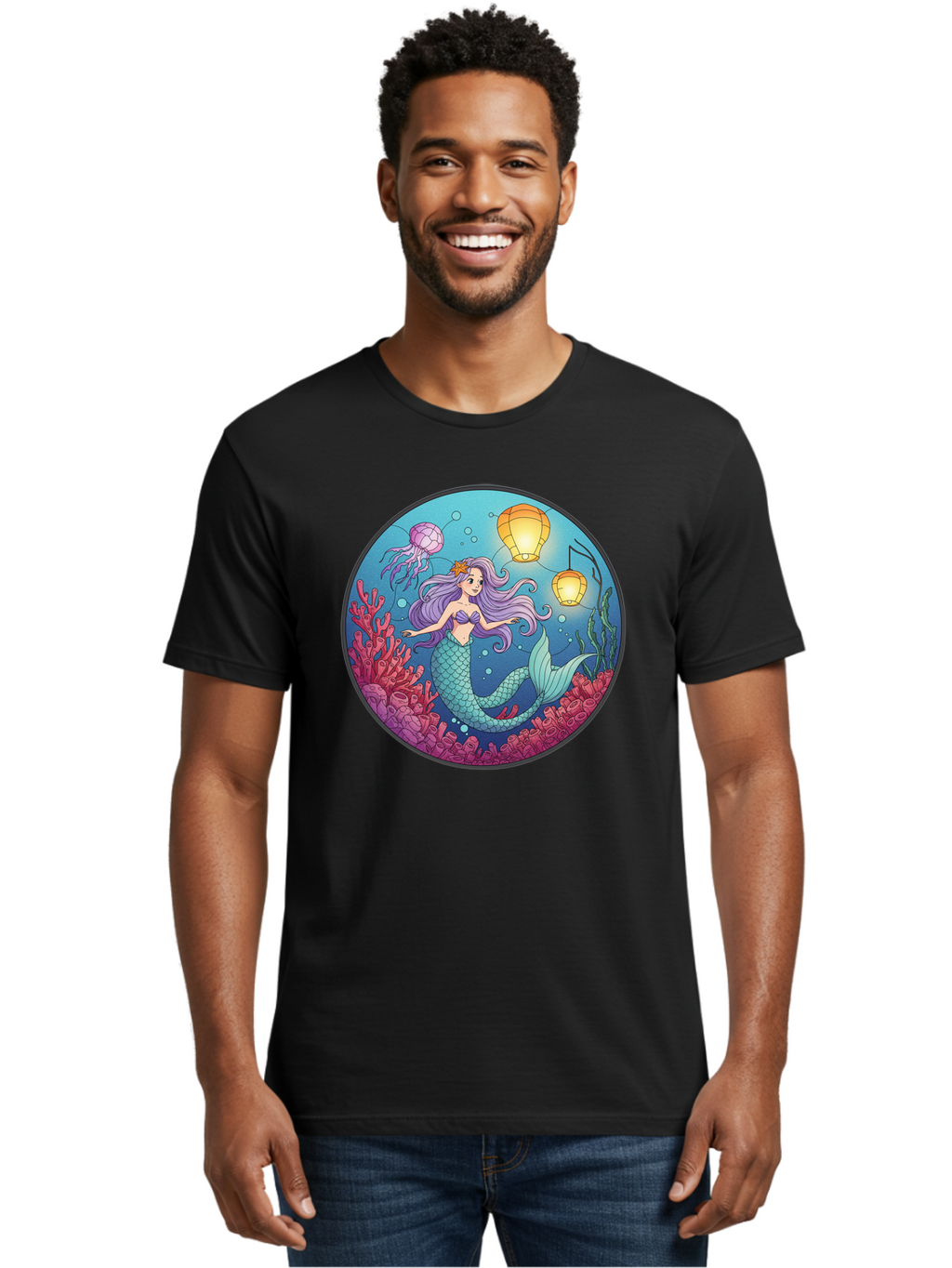 Mermaid-With-Lanterns-1 Men'S Graphic Tee, 100% Cotton, Comfortable Casual Summer Wear, Machine Washable, Vintage Camera, Old Camera, Antique Camera, Black Camera, Classic Photography, Photography Equipment, Nostalgic Device, Film Camera, Baj112