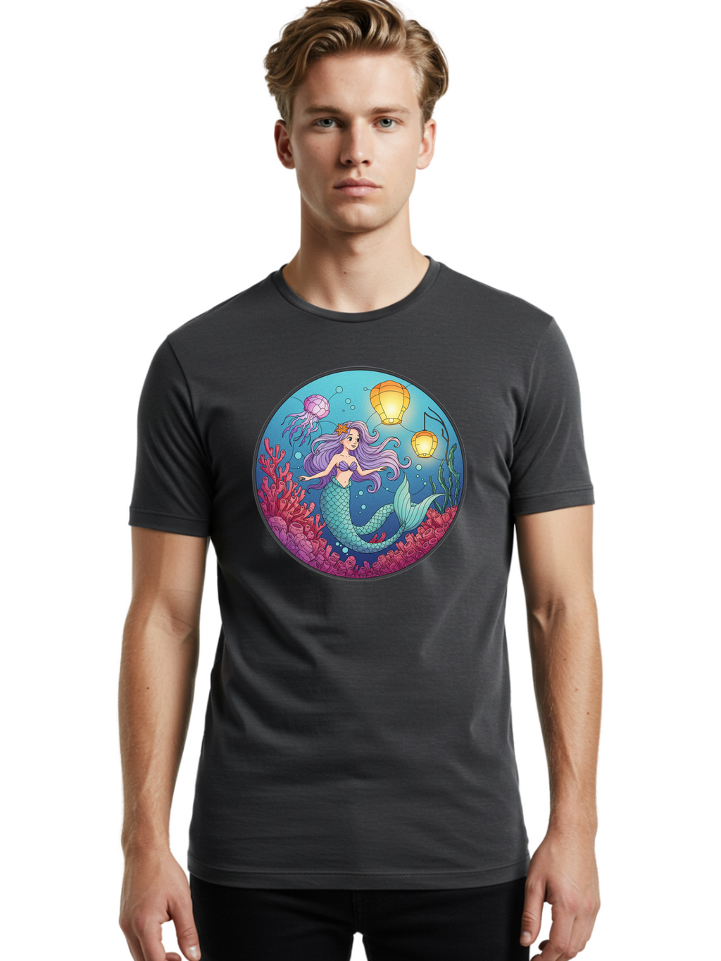 Mermaid-With-Lanterns-1 Men'S Graphic Tee, 100% Cotton, Comfortable Casual Summer Wear, Machine Washable, Vintage Camera, Old Camera, Antique Camera, Black Camera, Classic Photography, Photography Equipment, Nostalgic Device, Film Camera, Baj112