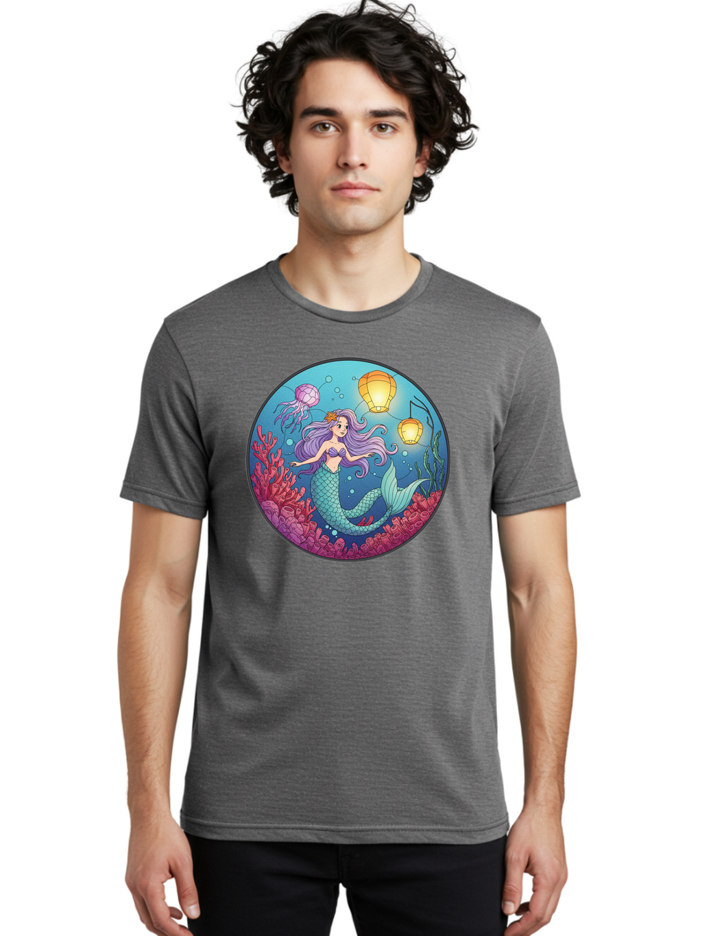 Mermaid-With-Lanterns-1 Men'S Graphic Tee, 100% Cotton, Comfortable Casual Summer Wear, Machine Washable, Vintage Camera, Old Camera, Antique Camera, Black Camera, Classic Photography, Photography Equipment, Nostalgic Device, Film Camera, Baj112