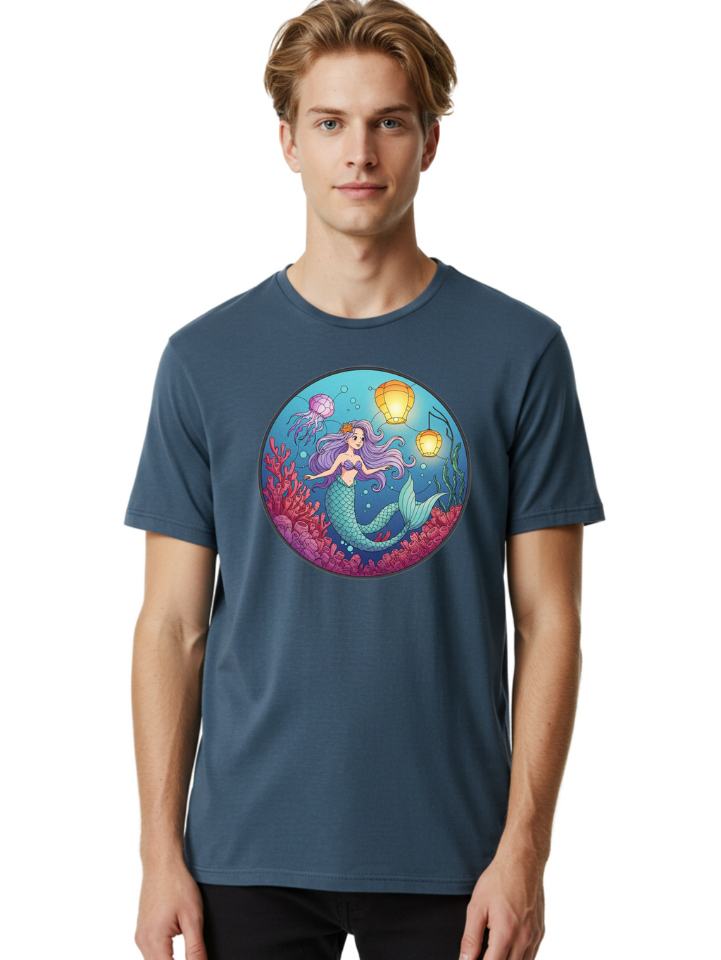 Mermaid-With-Lanterns-1 Men'S Graphic Tee, 100% Cotton, Comfortable Casual Summer Wear, Machine Washable, Vintage Camera, Old Camera, Antique Camera, Black Camera, Classic Photography, Photography Equipment, Nostalgic Device, Film Camera, Baj112