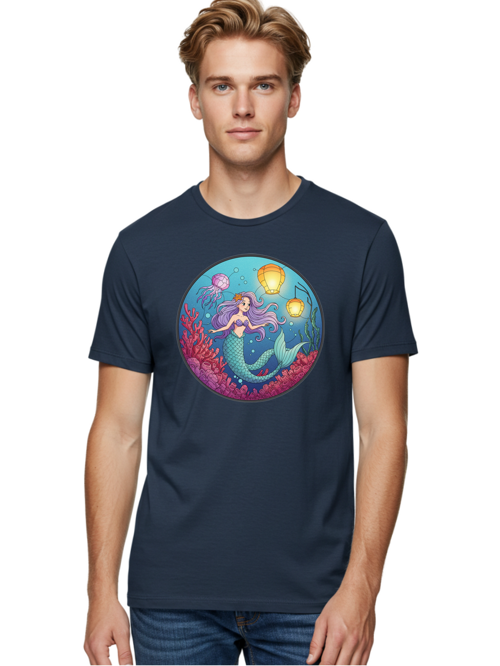 Mermaid-With-Lanterns-1 Men'S Graphic Tee, 100% Cotton, Comfortable Casual Summer Wear, Machine Washable, Vintage Camera, Old Camera, Antique Camera, Black Camera, Classic Photography, Photography Equipment, Nostalgic Device, Film Camera, Baj112