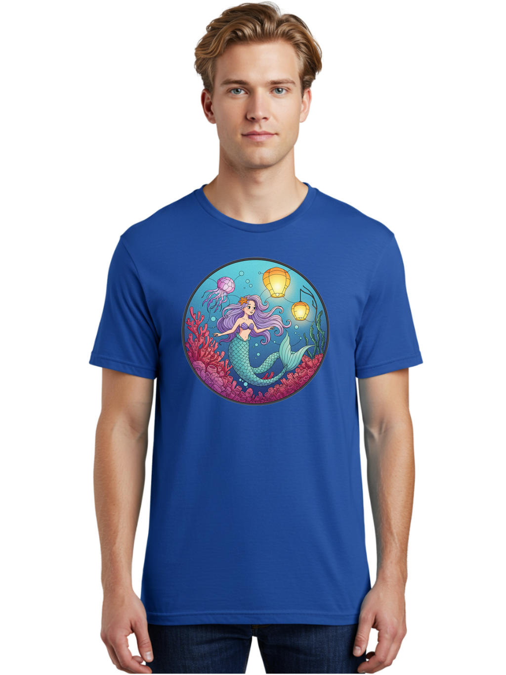 Mermaid-With-Lanterns-1 Men'S Graphic Tee, 100% Cotton, Comfortable Casual Summer Wear, Machine Washable, Vintage Camera, Old Camera, Antique Camera, Black Camera, Classic Photography, Photography Equipment, Nostalgic Device, Film Camera, Baj112
