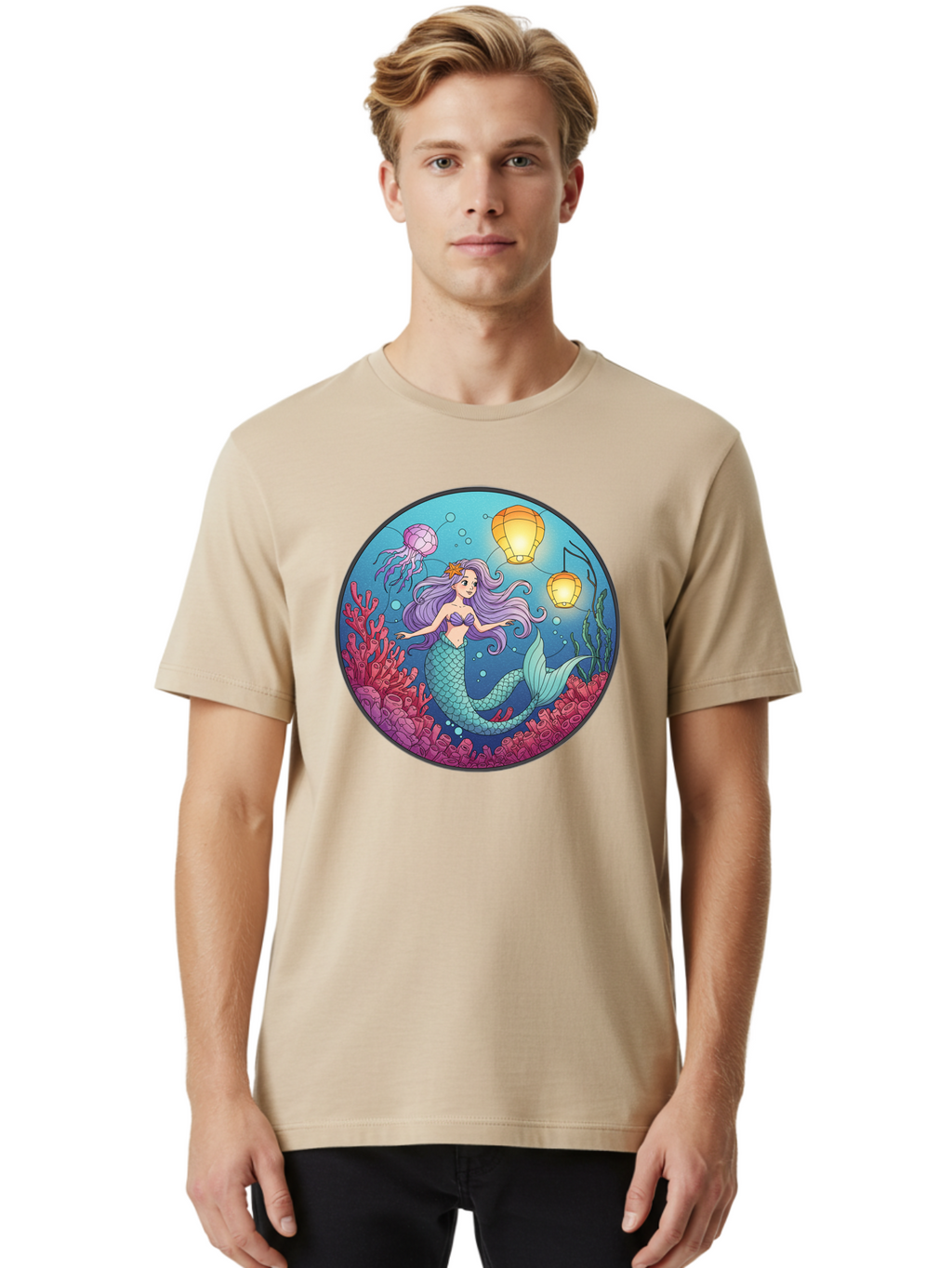 Mermaid-With-Lanterns-1 Men'S Graphic Tee, 100% Cotton, Comfortable Casual Summer Wear, Machine Washable, Vintage Camera, Old Camera, Antique Camera, Black Camera, Classic Photography, Photography Equipment, Nostalgic Device, Film Camera, Baj112