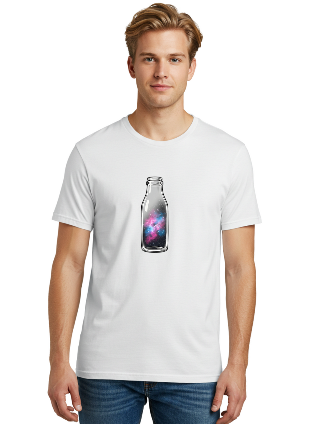 Milk-Bottle-With-Galaxy Men'S Graphic Tee, 100% Cotton, Comfortable Casual Summer Wear, Machine Washable, Vintage Camera, Old Camera, Antique Camera, Black Camera, Classic Photography, Photography Equipment, Nostalgic Device, Film Camera, Baj117
