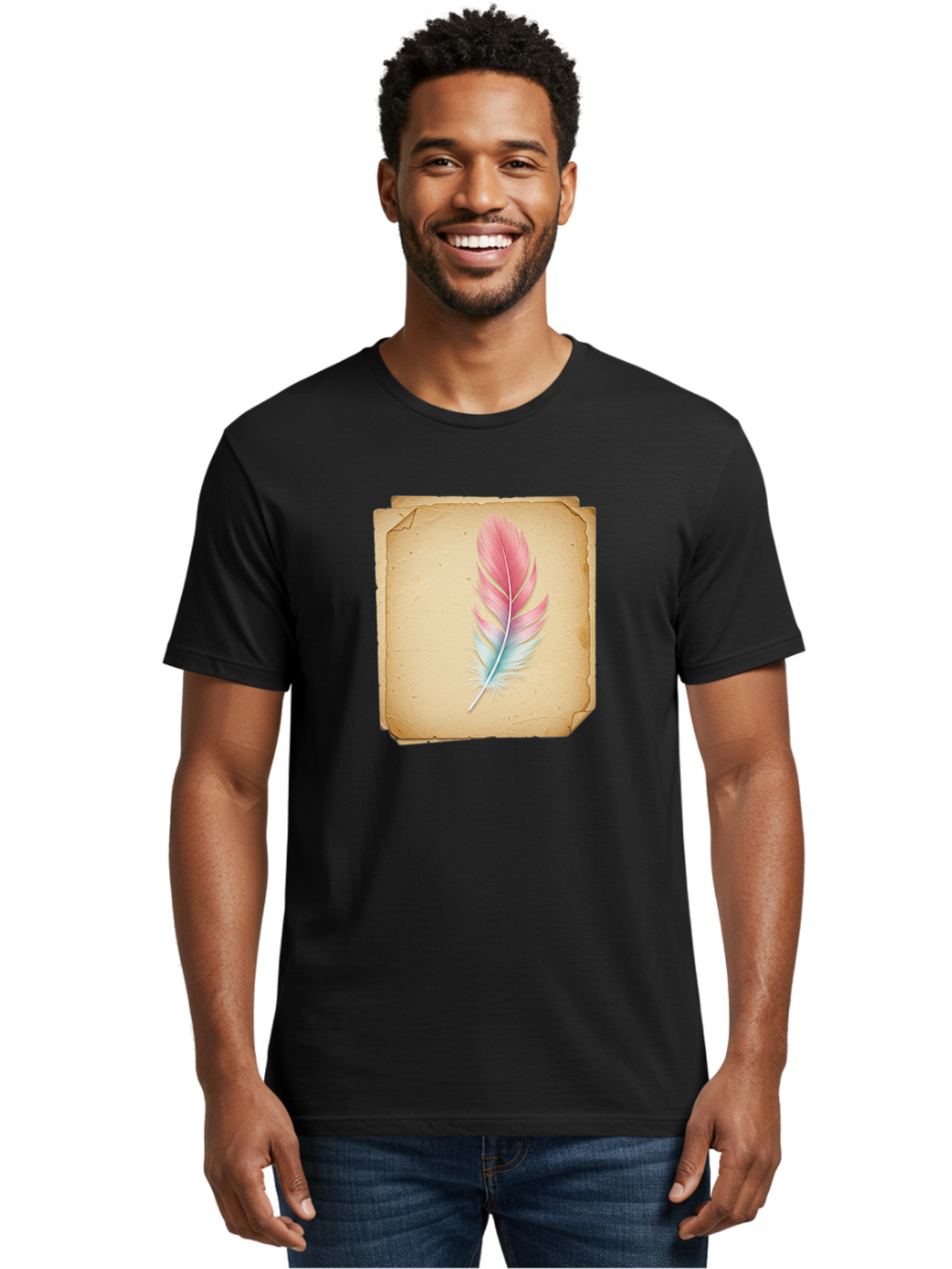 Pink-And-Blue-Feather Men'S Graphic Tee, 100% Cotton, Comfortable Casual Summer Wear, Machine Washable, Vintage Camera, Old Camera, Antique Camera, Black Camera, Classic Photography, Photography Equipment, Nostalgic Device, Film Camera, Baj163