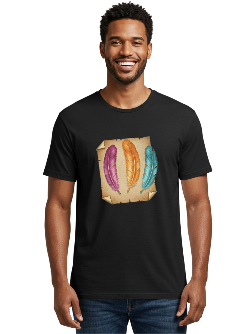 Purple-Orange-Blue-Feather Men'S Graphic Tee, 100% Cotton, Comfortable Casual Summer Wear, Machine Washable, Vintage Camera, Old Camera, Antique Camera, Black Camera, Classic Photography, Photography Equipment, Nostalgic Device, Film Camera, Baj206