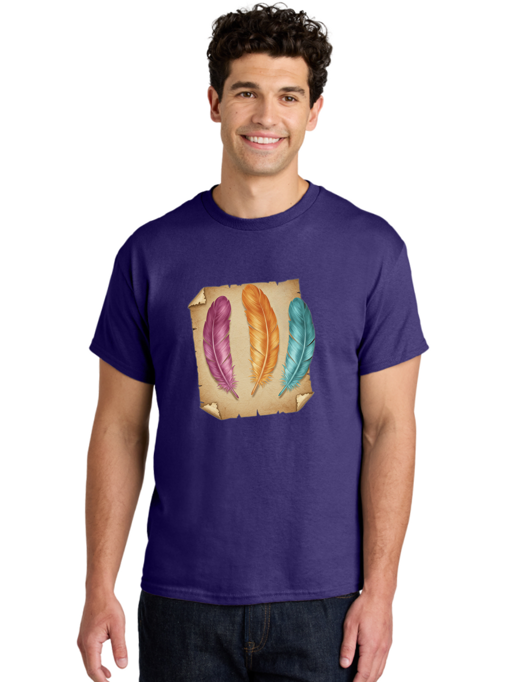 Purple-Orange-Blue-Feather Men'S Graphic Tee, 100% Cotton, Comfortable Casual Summer Wear, Machine Washable, Vintage Camera, Old Camera, Antique Camera, Black Camera, Classic Photography, Photography Equipment, Nostalgic Device, Film Camera, Baj206