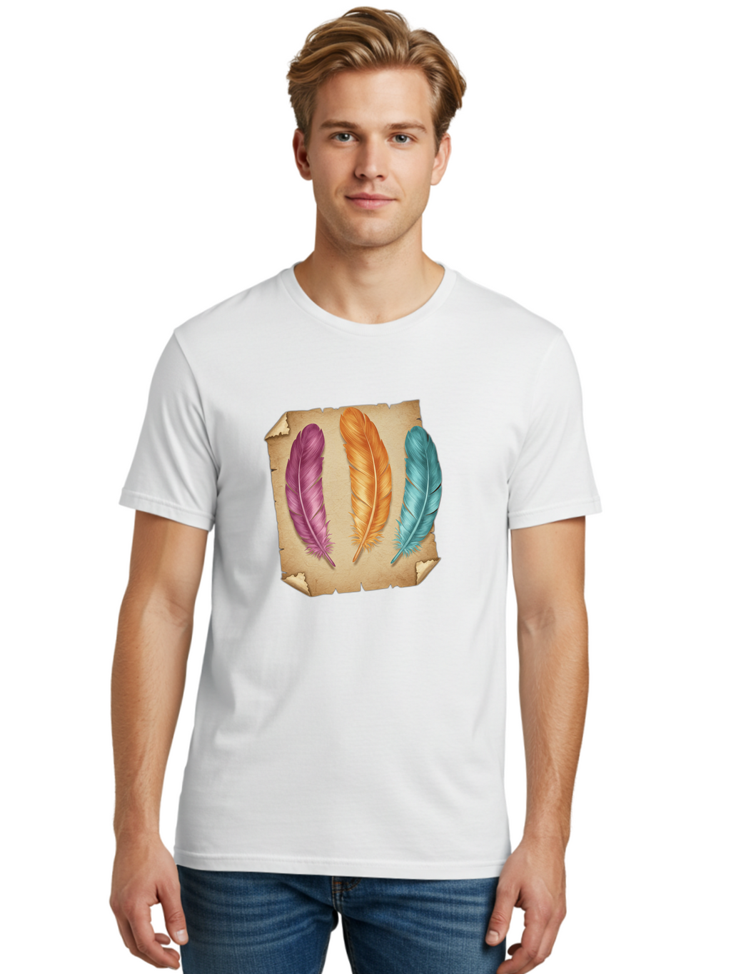 Purple-Orange-Blue-Feather Men'S Graphic Tee, 100% Cotton, Comfortable Casual Summer Wear, Machine Washable, Vintage Camera, Old Camera, Antique Camera, Black Camera, Classic Photography, Photography Equipment, Nostalgic Device, Film Camera, Baj206
