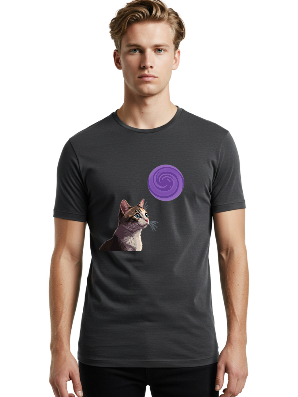 Purple-Swirl-Cat Men'S Graphic Tee, 100% Cotton, Comfortable Casual Summer Wear, Machine Washable, Vintage Camera, Old Camera, Antique Camera, Black Camera, Classic Photography, Photography Equipment, Nostalgic Device, Film Camera, Camera Art Baj207