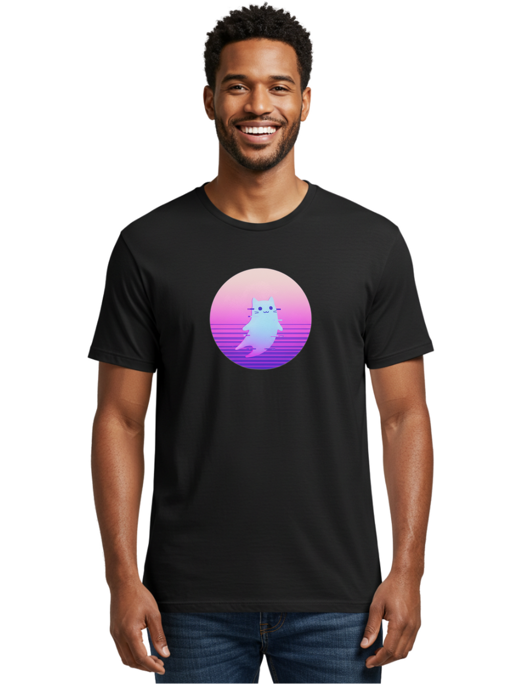 Vaporwave-Cat-1 Men'S Graphic Tee, 100% Cotton, Comfortable Casual Summer Wear, Machine Washable, Vintage Camera, Old Camera, Antique Camera, Black Camera, Classic Photography, Photography Equipment, Nostalgic Device, Film Camera, Camera Art Baj289