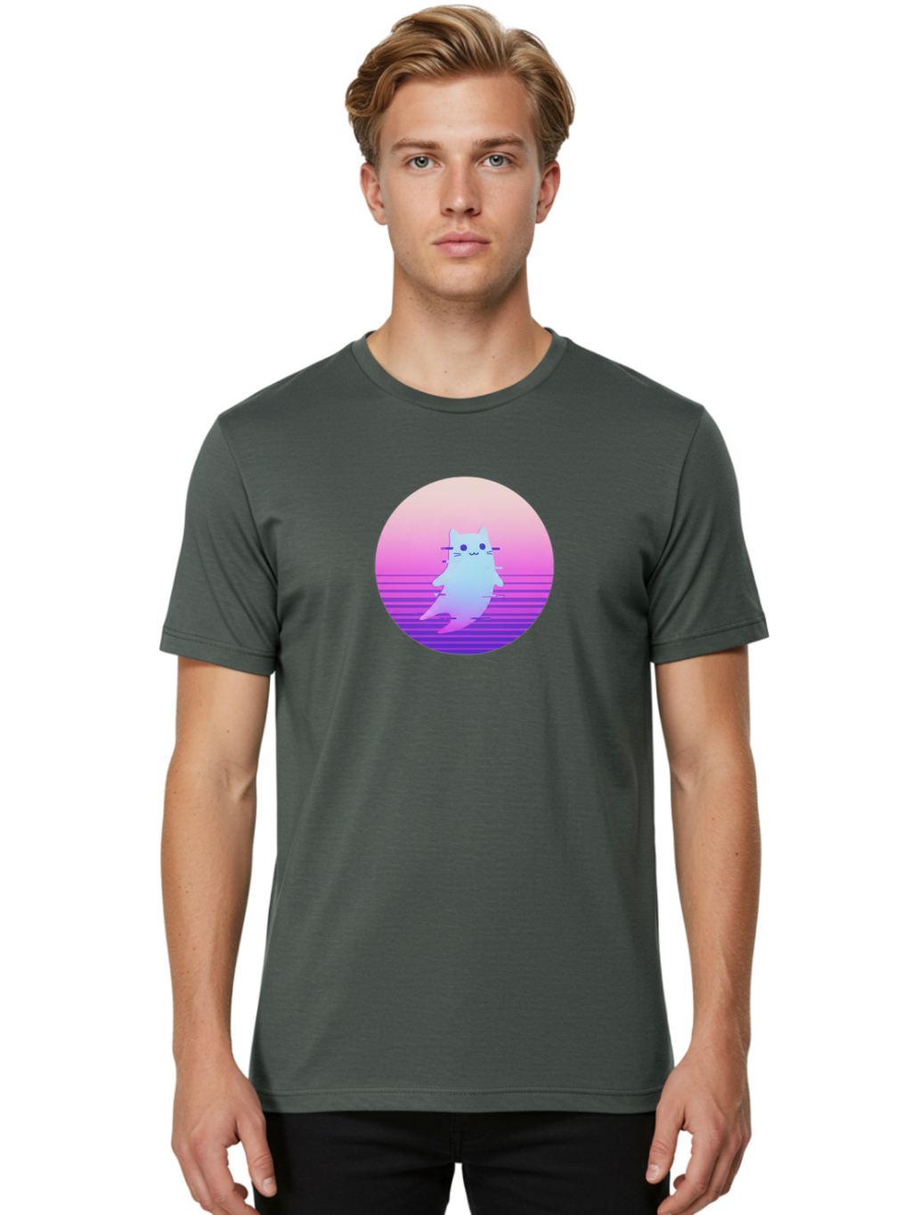 Vaporwave-Cat-1 Men'S Graphic Tee, 100% Cotton, Comfortable Casual Summer Wear, Machine Washable, Vintage Camera, Old Camera, Antique Camera, Black Camera, Classic Photography, Photography Equipment, Nostalgic Device, Film Camera, Camera Art Baj289