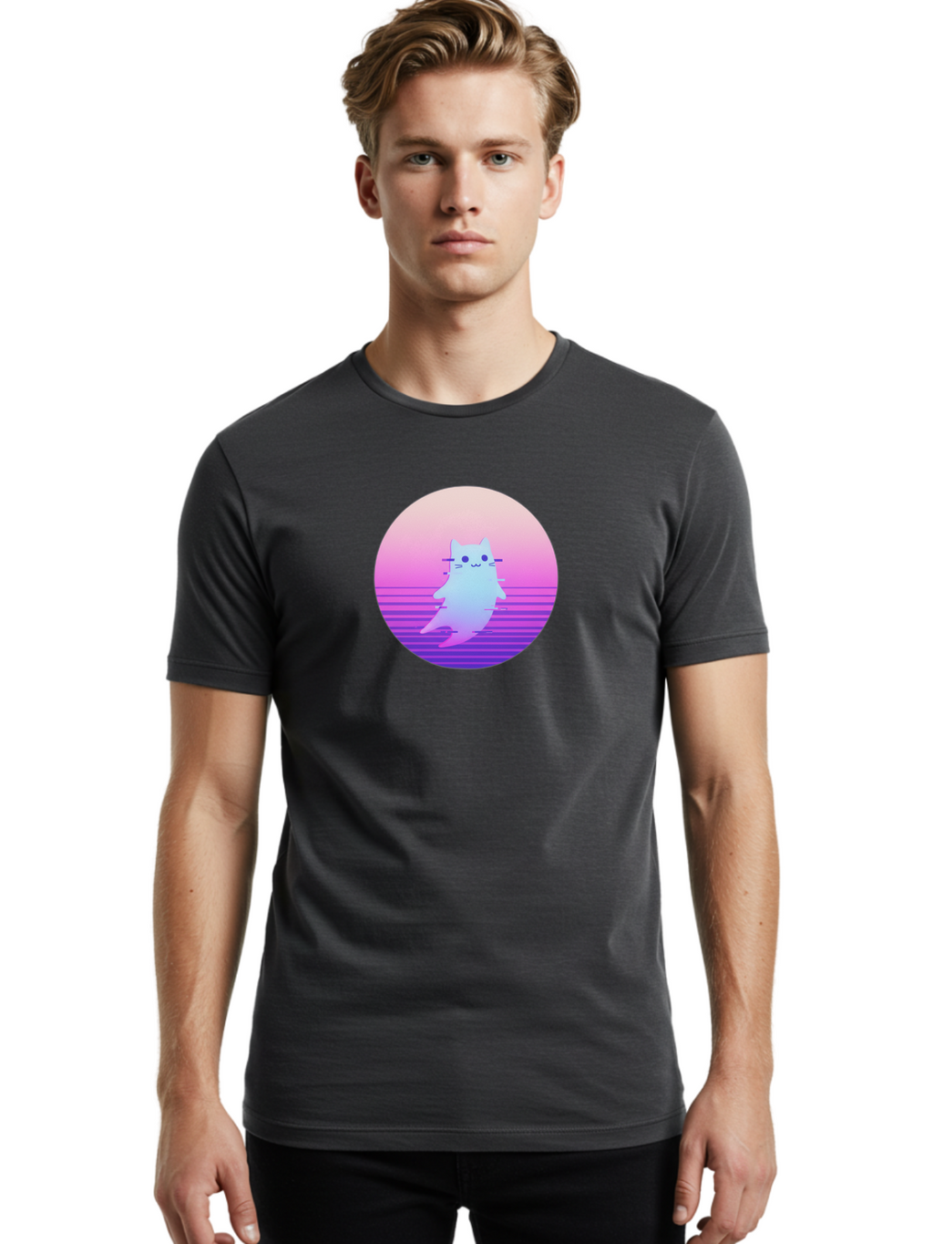 Vaporwave-Cat-1 Men'S Graphic Tee, 100% Cotton, Comfortable Casual Summer Wear, Machine Washable, Vintage Camera, Old Camera, Antique Camera, Black Camera, Classic Photography, Photography Equipment, Nostalgic Device, Film Camera, Camera Art Baj289