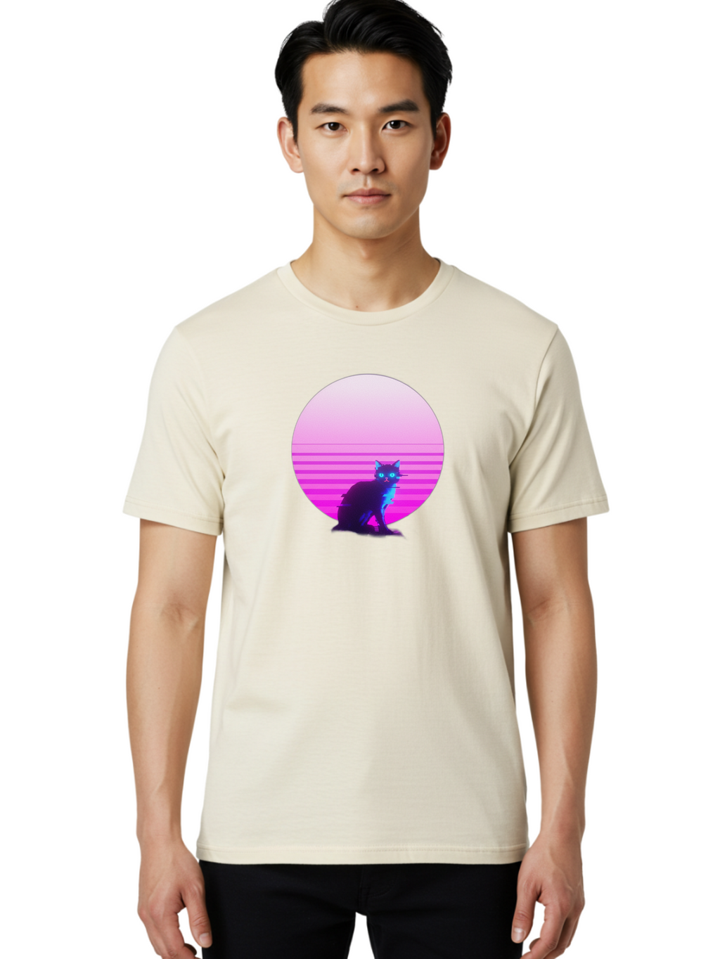 Vaporwave-Cat Men'S Graphic Tee, 100% Cotton, Comfortable Casual Summer Wear, Machine Washable, Vintage Camera, Old Camera, Antique Camera, Black Camera, Classic Photography, Photography Equipment, Nostalgic Device, Film Camera, Camera Art Baj290