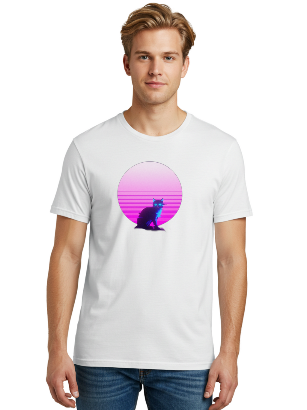 Vaporwave-Cat Men'S Graphic Tee, 100% Cotton, Comfortable Casual Summer Wear, Machine Washable, Vintage Camera, Old Camera, Antique Camera, Black Camera, Classic Photography, Photography Equipment, Nostalgic Device, Film Camera, Camera Art Baj290