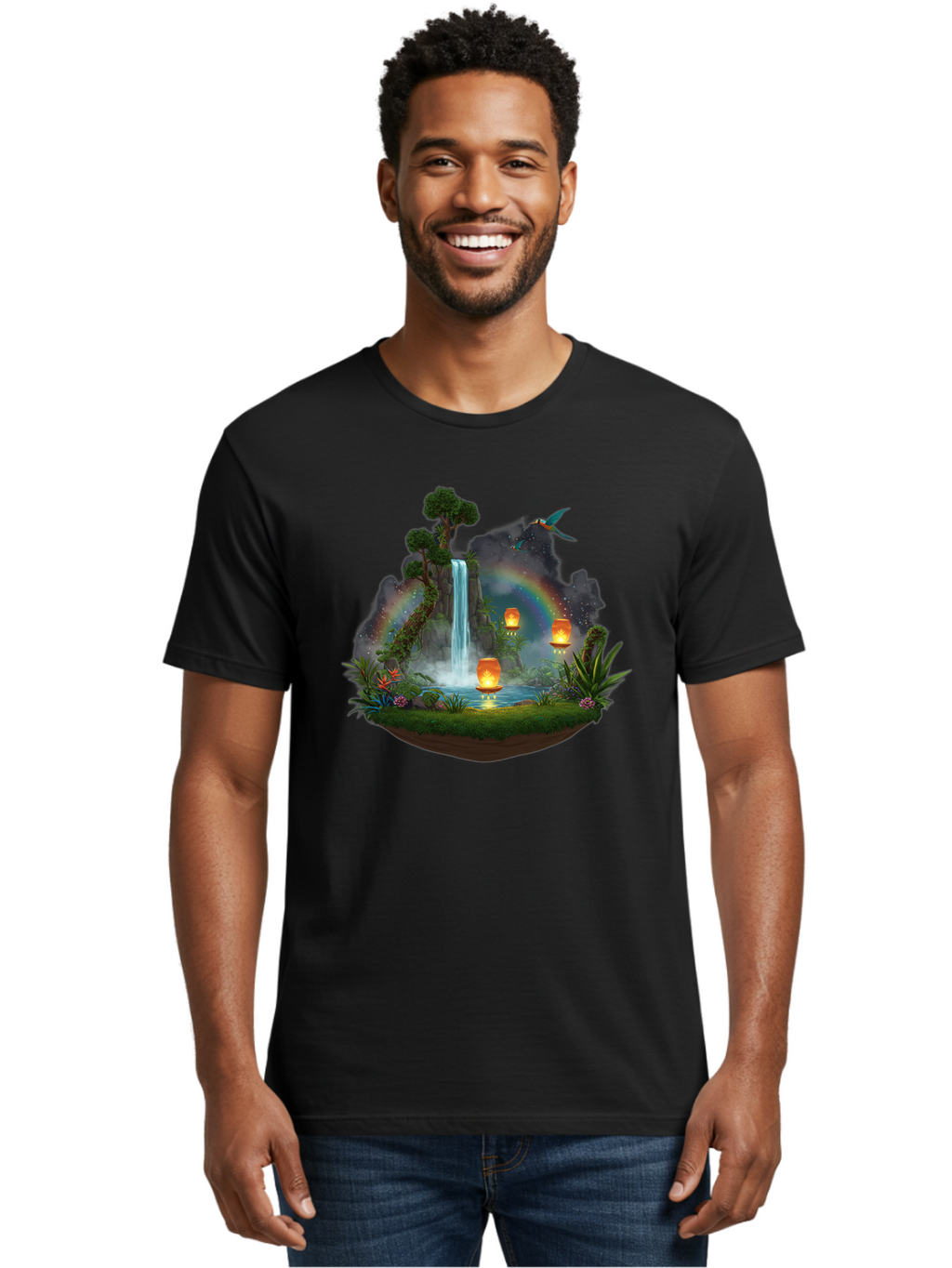 Waterfall-Scene Men'S Graphic Tee, 100% Cotton, Comfortable Casual Summer Wear, Machine Washable, Vintage Camera, Old Camera, Antique Camera, Black Camera, Classic Photography, Photography Equipment, Nostalgic Device, Film Camera, Camera Art Baj293
