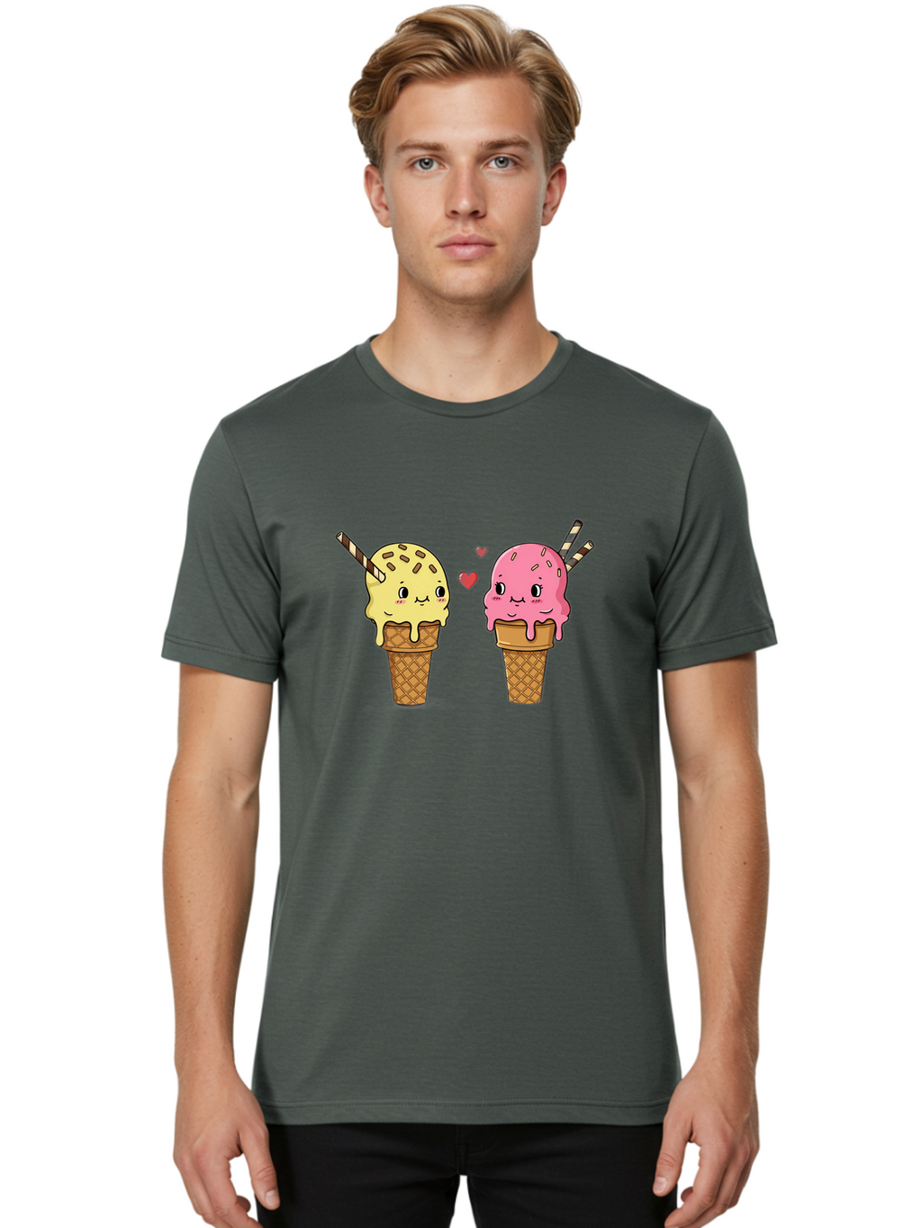 Couple-Ice-Cream Men'S Graphic Tee, 100% Cotton, Comfortable Casual Summer Wear, Machine Washable, Vintage Camera, Old Camera, Antique Camera, Black Camera, Classic Photography, Photography Equipment, Nostalgic Device, Film Camera, Camera Art Baj417