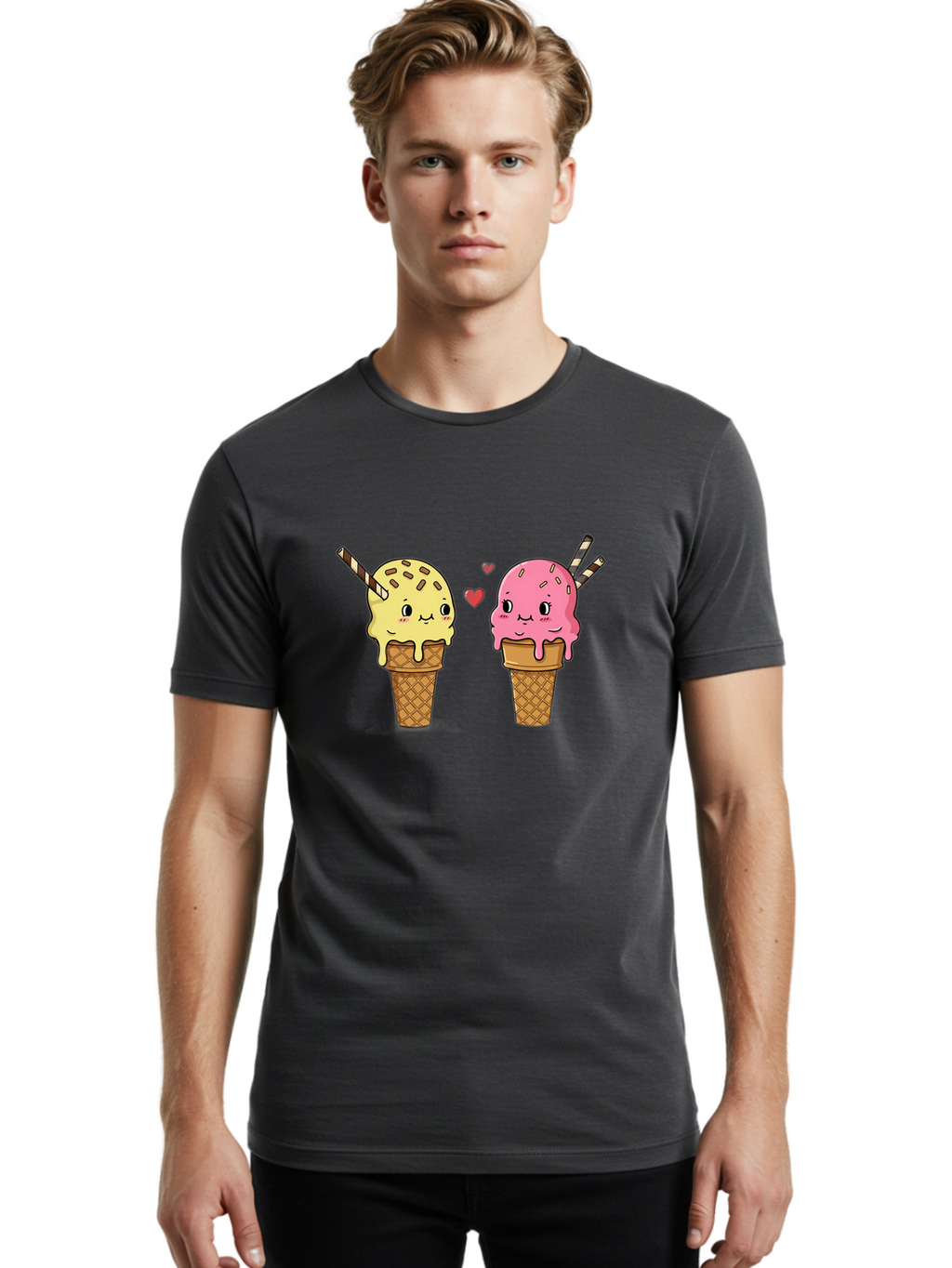 Couple-Ice-Cream Men'S Graphic Tee, 100% Cotton, Comfortable Casual Summer Wear, Machine Washable, Vintage Camera, Old Camera, Antique Camera, Black Camera, Classic Photography, Photography Equipment, Nostalgic Device, Film Camera, Camera Art Baj417