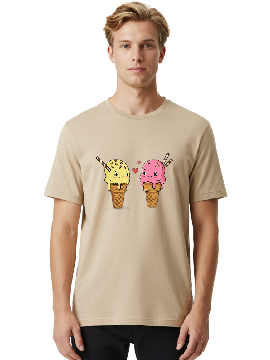 Couple-Ice-Cream Men'S Graphic Tee, 100% Cotton, Comfortable Casual Summer Wear, Machine Washable, Vintage Camera, Old Camera, Antique Camera, Black Camera, Classic Photography, Photography Equipment, Nostalgic Device, Film Camera, Camera Art Baj417