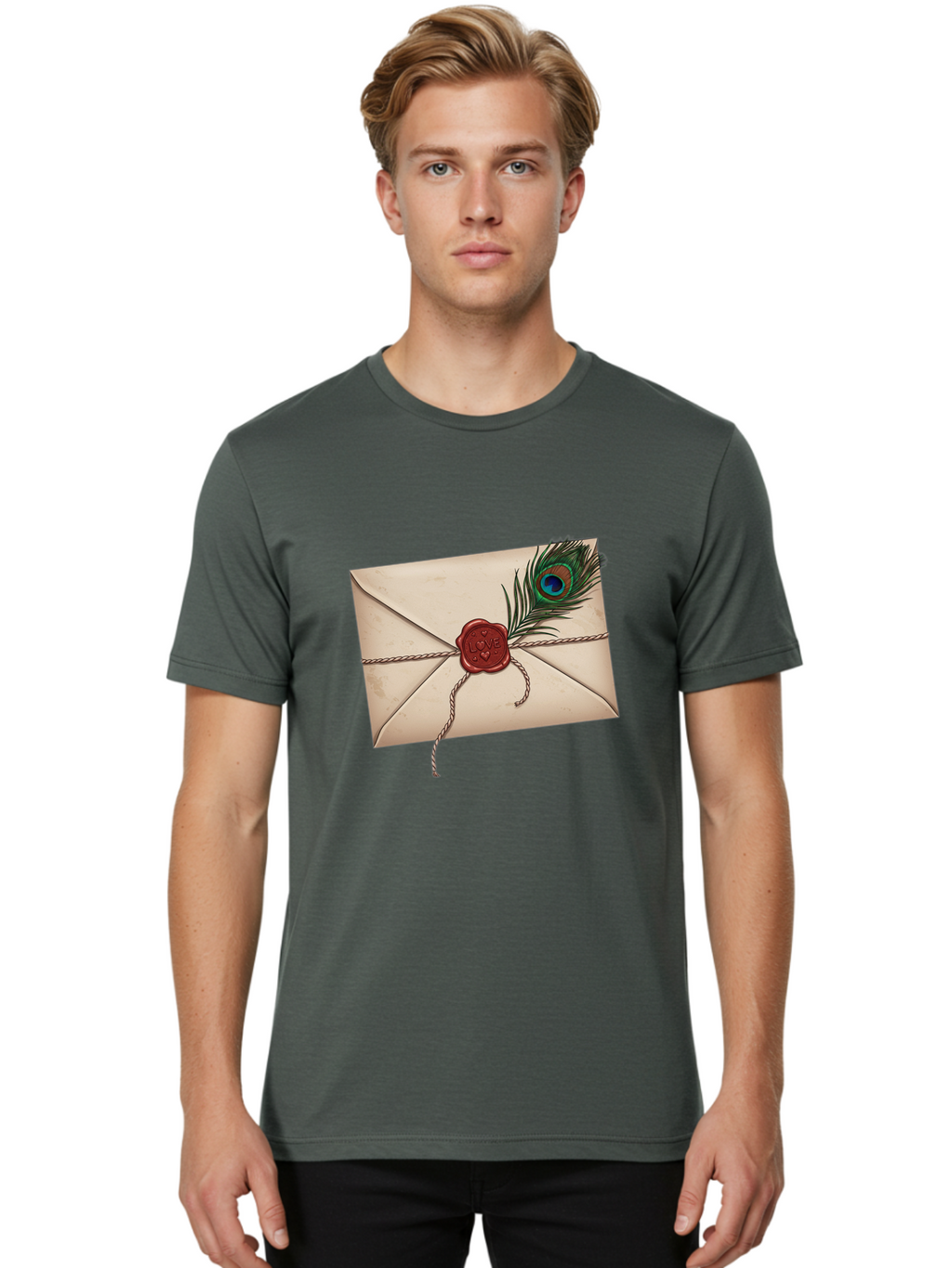Envelope-With-Peacock-Feather-1 Men'S Graphic Tee, 100% Cotton, Comfortable Casual Summer Wear, Machine Washable, Vintage Camera, Old Camera, Antique Camera, Black Camera, Classic Photography, Photography Equipment, Nostalgic Device, Baj463